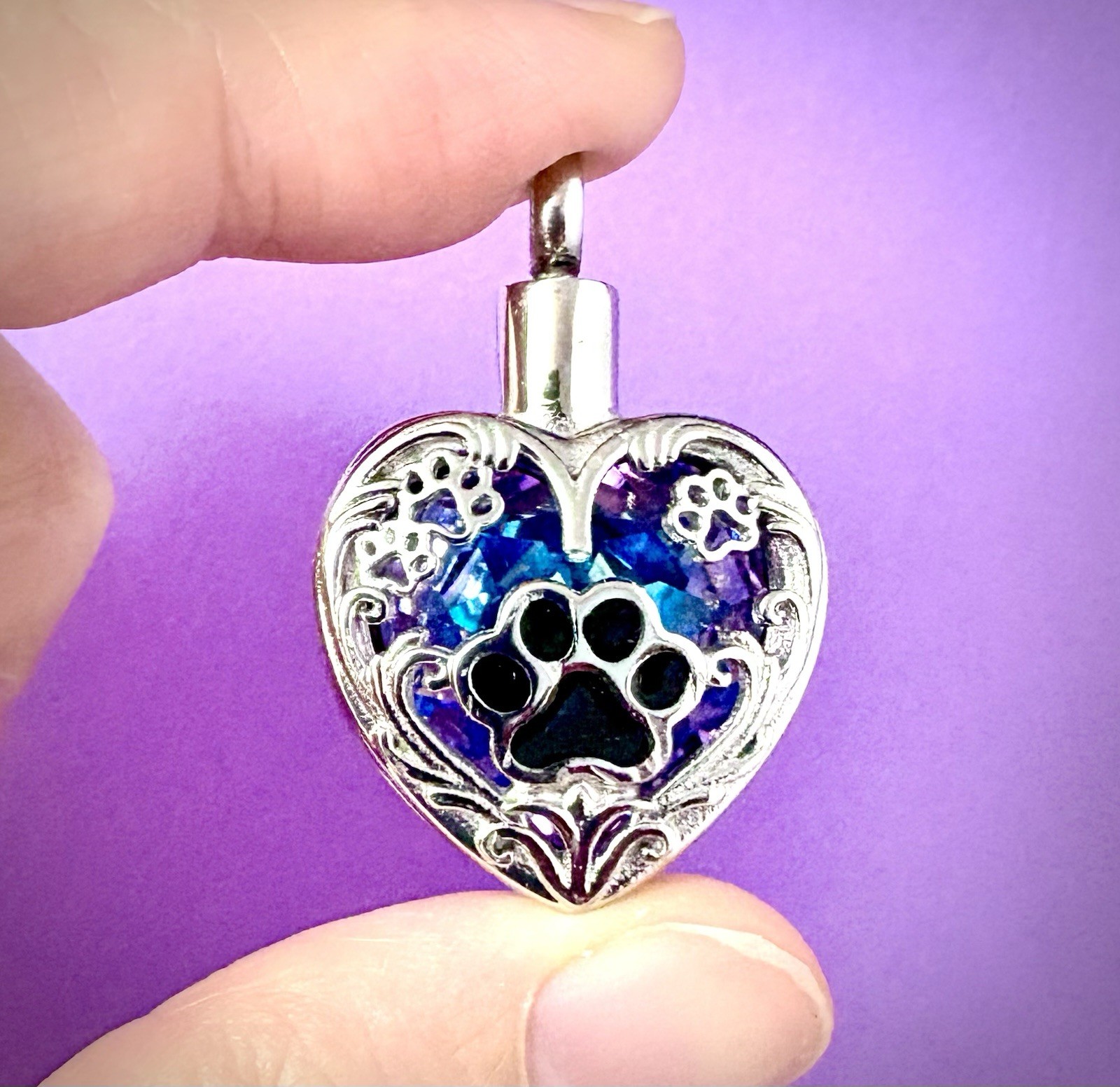 Keyring Urn .5″ Key Chain Pawprints Pet Cremation Pendant Ashes Dog Cat Purple