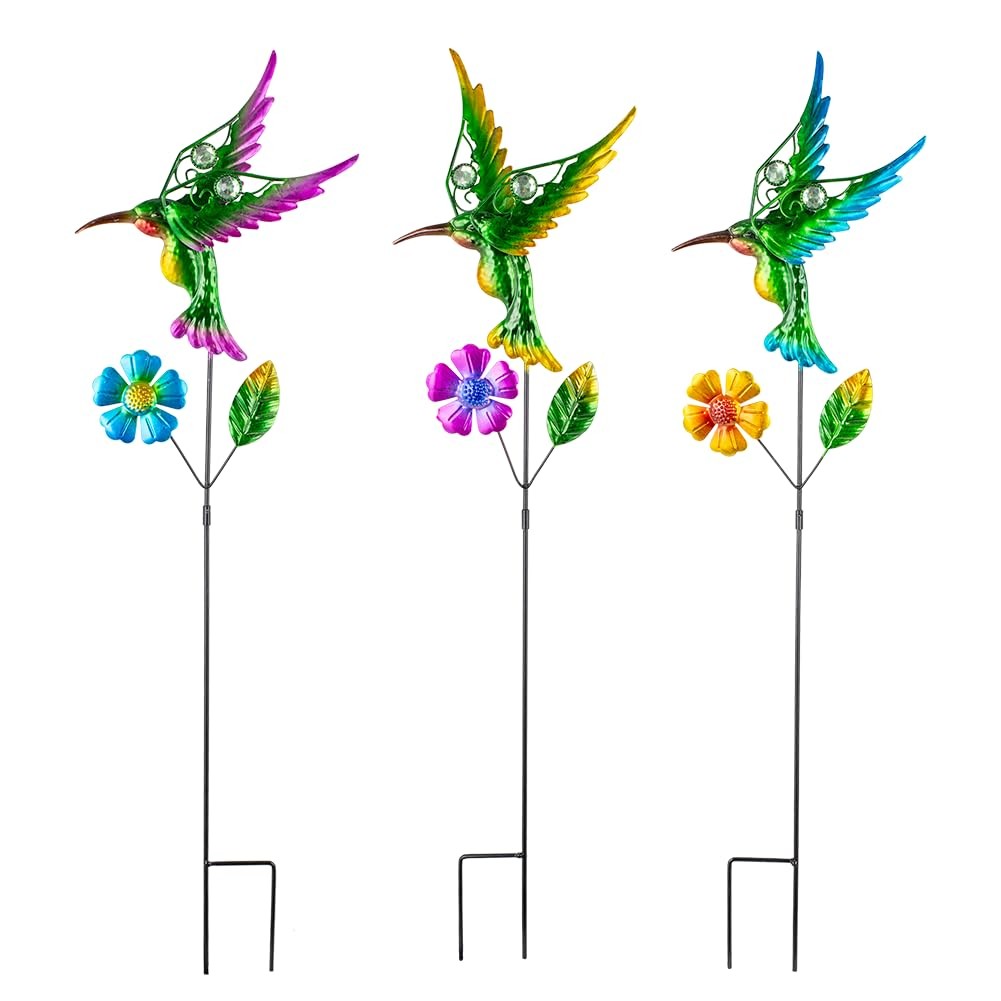 3 Pcs Hummingbird Decorative Garden Stakes with Metal Flower Set Spring Outdo