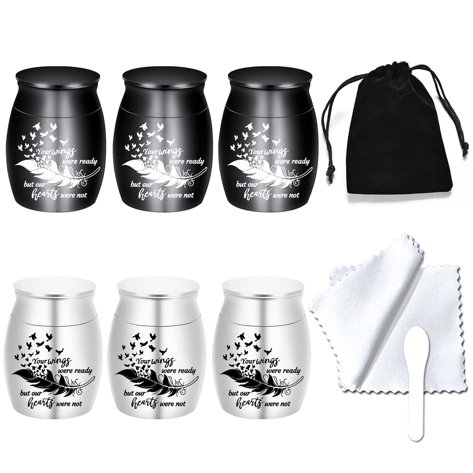 Small Keepsake Urns for Human Ashes – Set of 6 – Share Urn with Black/Silver