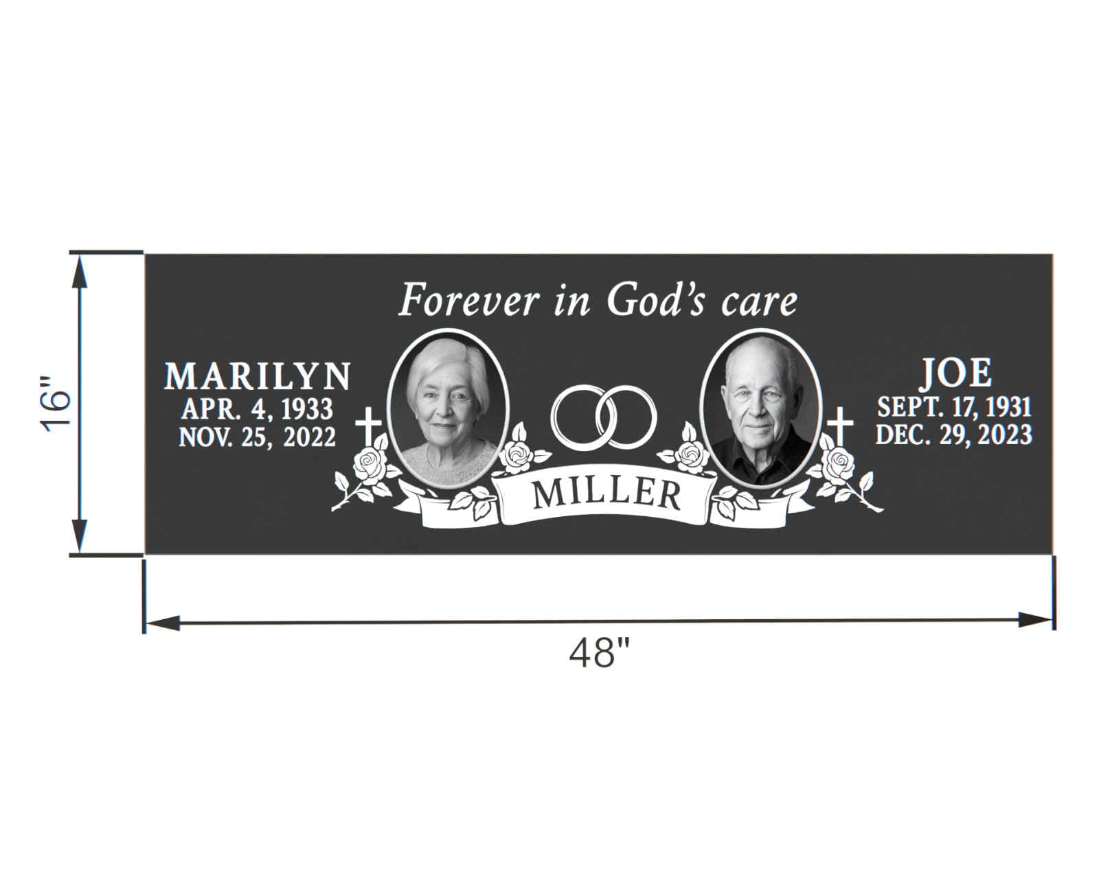 Custom Black Granite Headstone 48x16x3 – Engraved Double Portrait Memorial Stone
