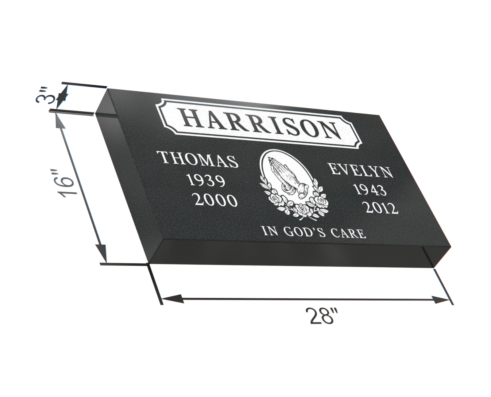 Custom Black Granite Companion Headstone 28x16x3 – Praying Hands Design