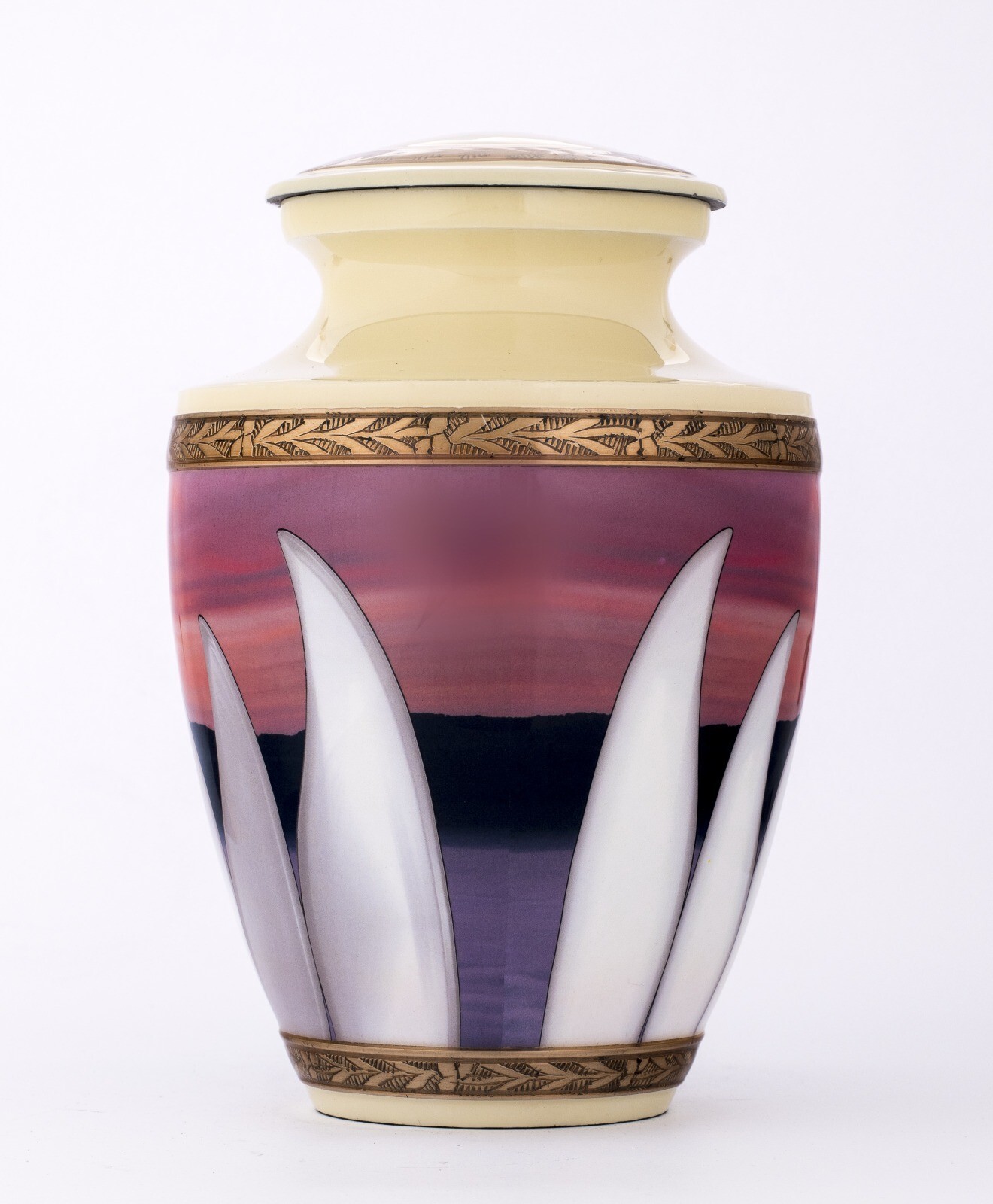 Blue Butterfly on a Cream Cremation Urn for Human Ashes | Polished Metal Flower
