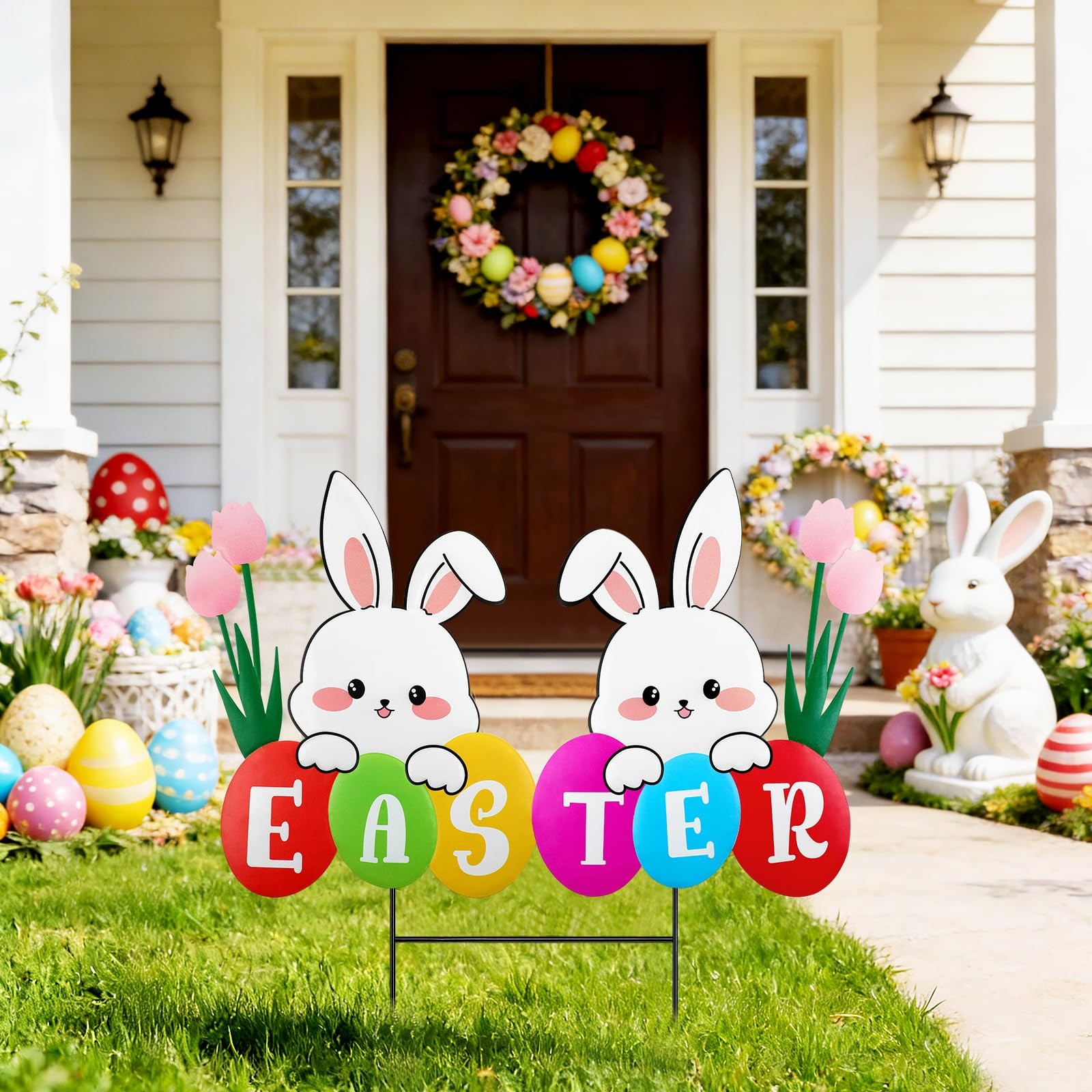 27.1inch Easter Larger Bunny Sign Yard Decoration Metal Easter Bunny Garden S…