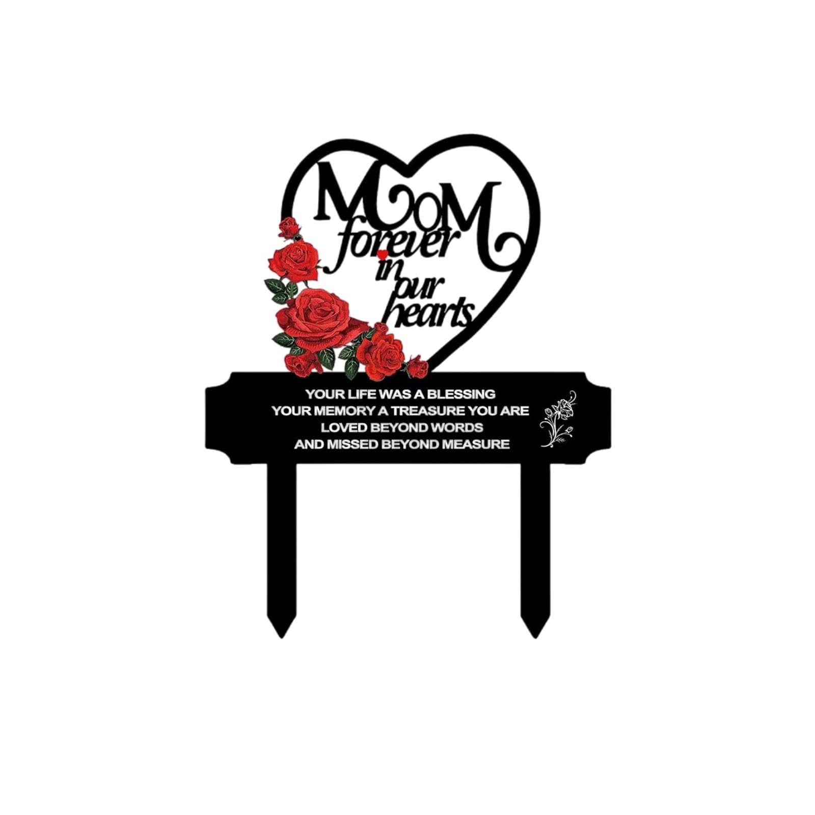 12.2 Inch Metal Memorial Grave Marker Mom Heart Rose Cemetery Garden Stake