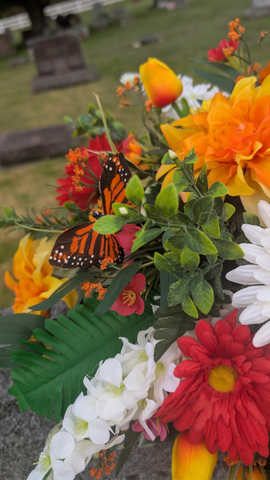 Orange Yellow Summer Grave Saddle, Butterfly Flower Arrangement