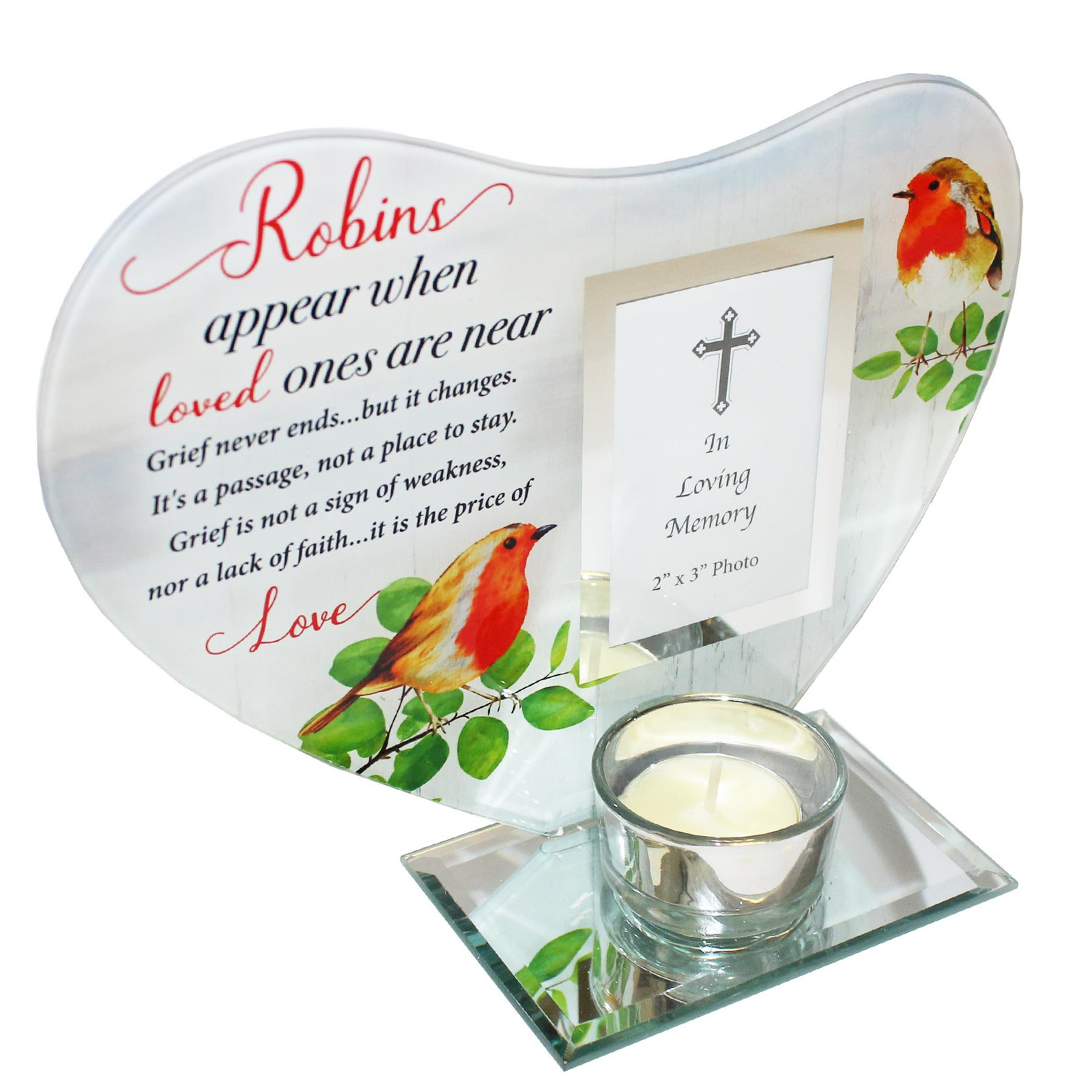 Memorial Glass Heart Votive Tea Light Candle Holder Photo Frame Robins Near You