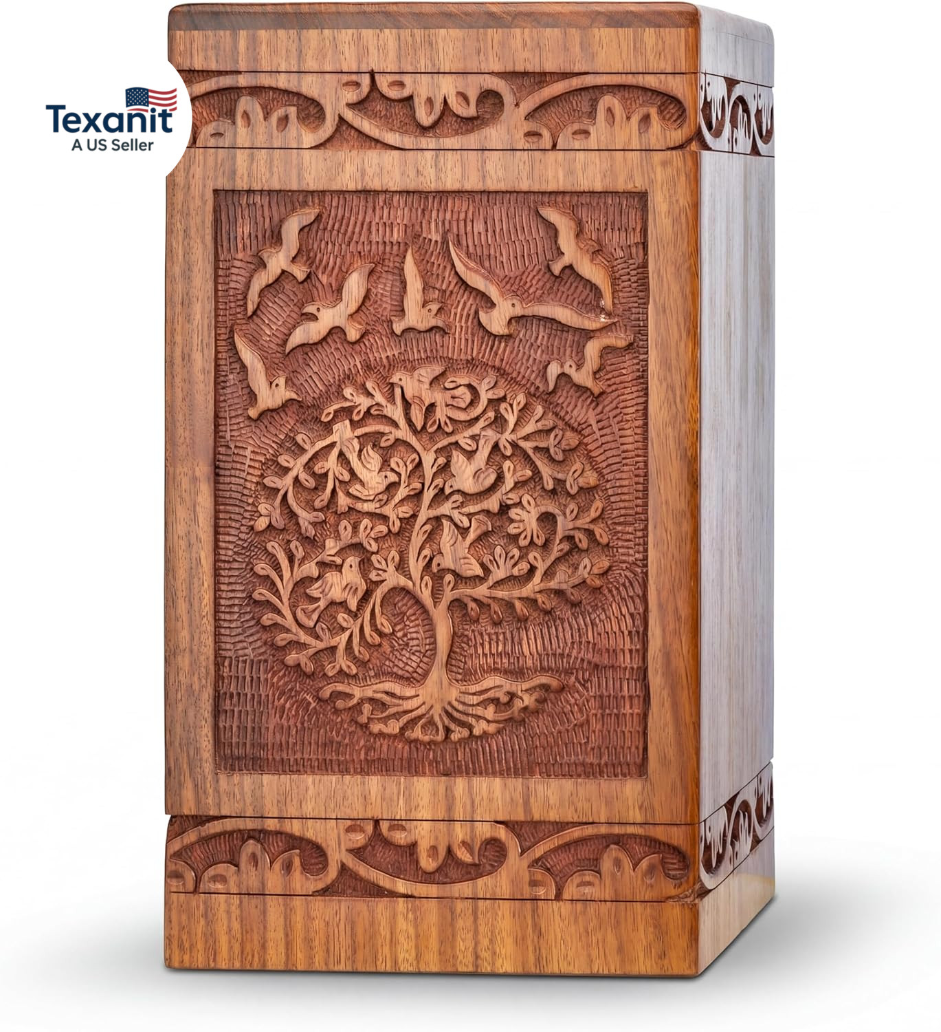 Handcarved Wooden Cremation Urn for Human Ashes – Tree of Life Design, 250 Lbs C