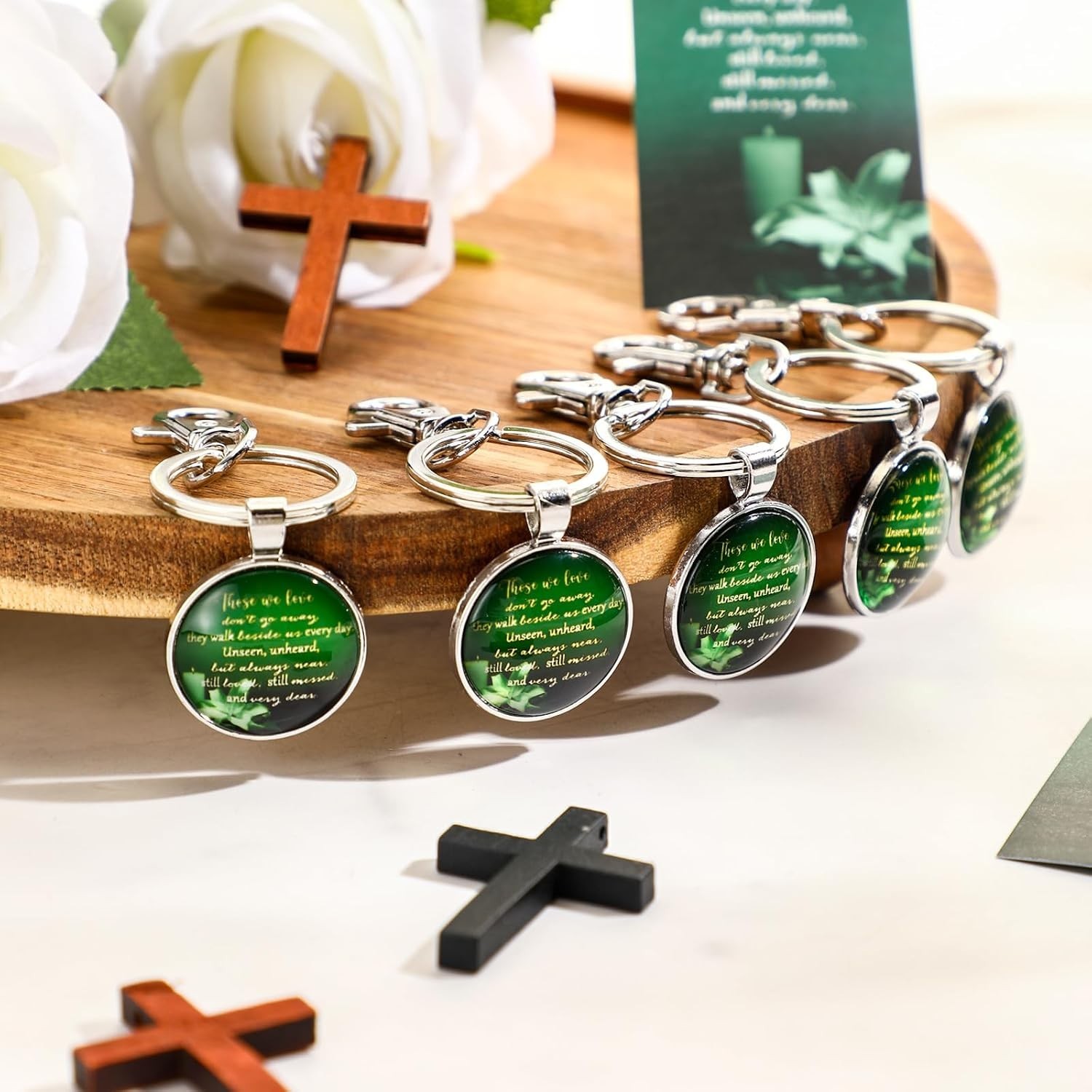 Dark Green Funeral Favors Bundle: Keychains & Cards
