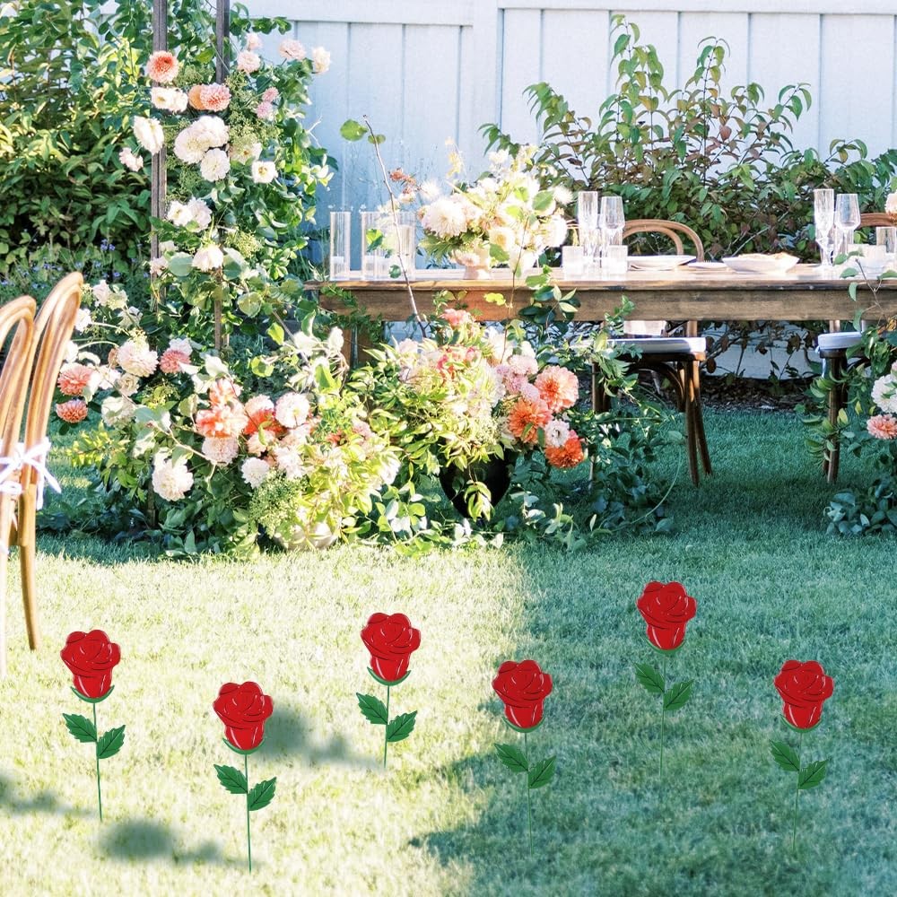 Valentine’s Day Outdoor Decorations Set of 6 Rose Metal Garden Stakes