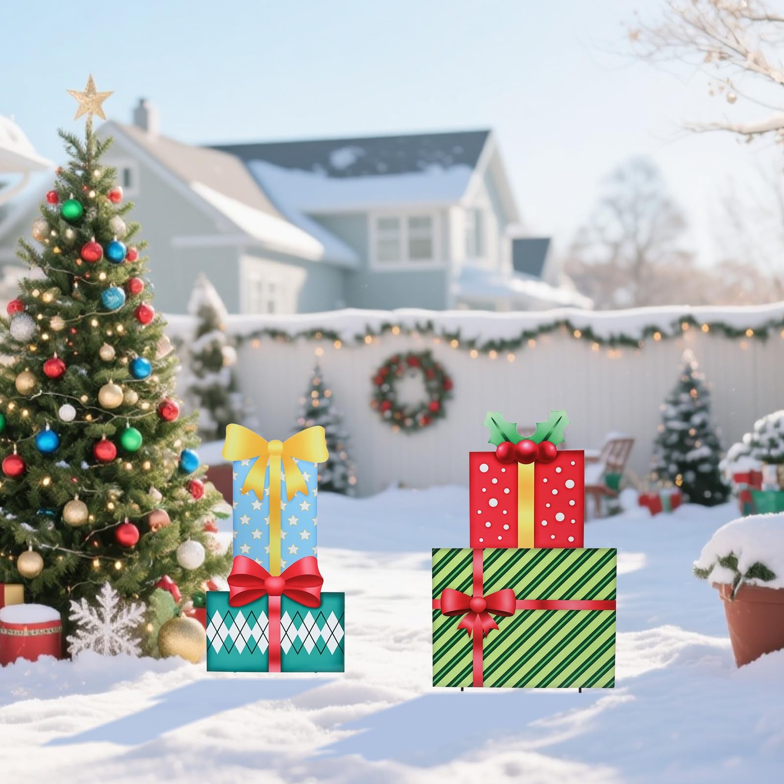 Christmas Yard Signs Metal Gift Boxes for Outdoor Lawn Pathway Decor