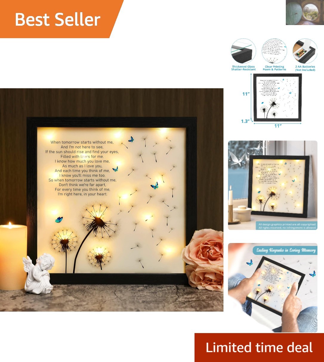 11×11 Dandelion Decor LED Shadow Box – Lasting Sympathy Gift for Grief Relief