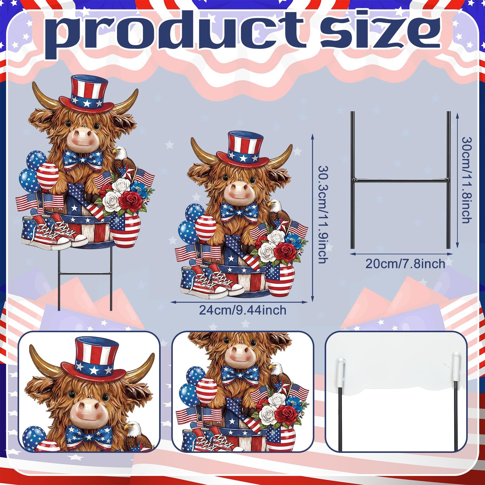 4th of July Highland Cow Metal Garden Stakes Patriotic Flag Red White Blue Ou…