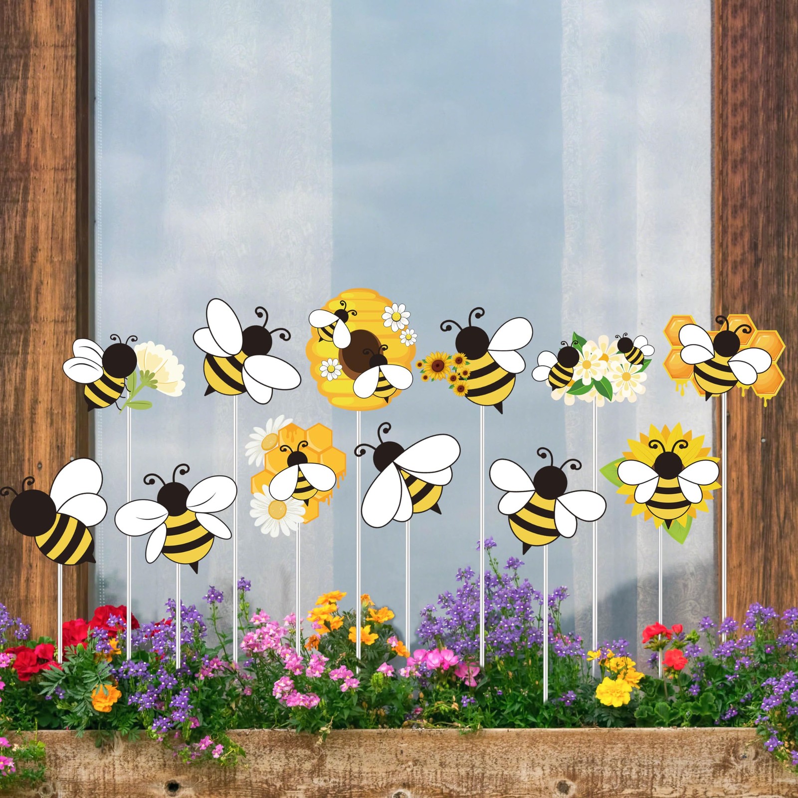 Bee Garden Stake Decor – 12 Pcs Yellow Working Bee Art Stick Floral Picks Gar…