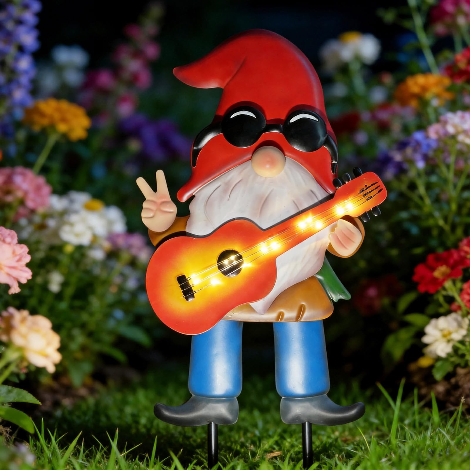 HONGLAND 28″ Solar Garden Gnome Decor with Light Up Guitar – Outdoor Decorati…