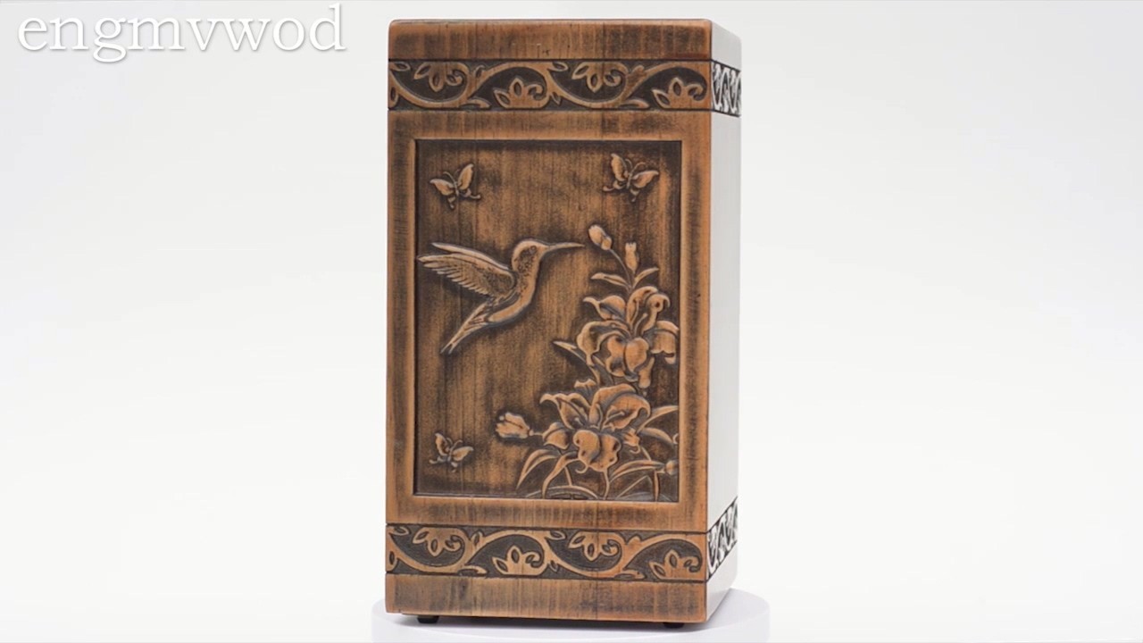 Handmade Wooden Cremation Urn 250 Cubic Inches Adult Ashes Hummingbird Design