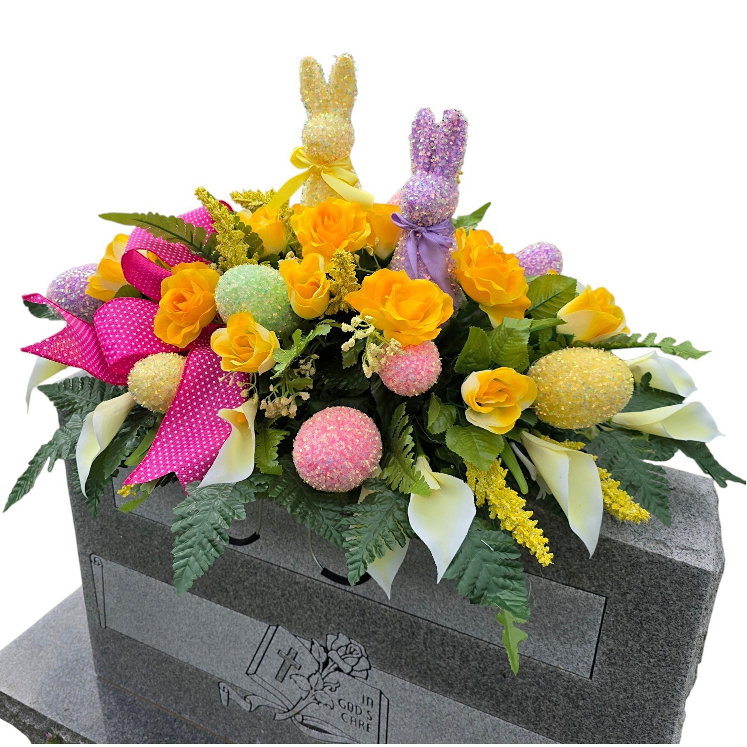 EASTER HEADSTONE SADDLE, YELLOW GRAVE FLOWERS WITH BUNNIES AND EASTER EGGS