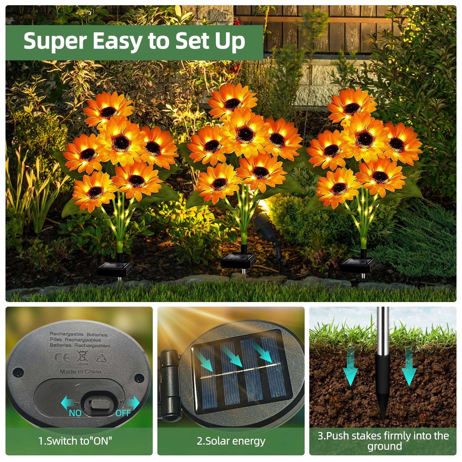 Solar Sunflower Lights Outdoor Waterproof Garden Yard Decor, 2 Pack with 12 S…