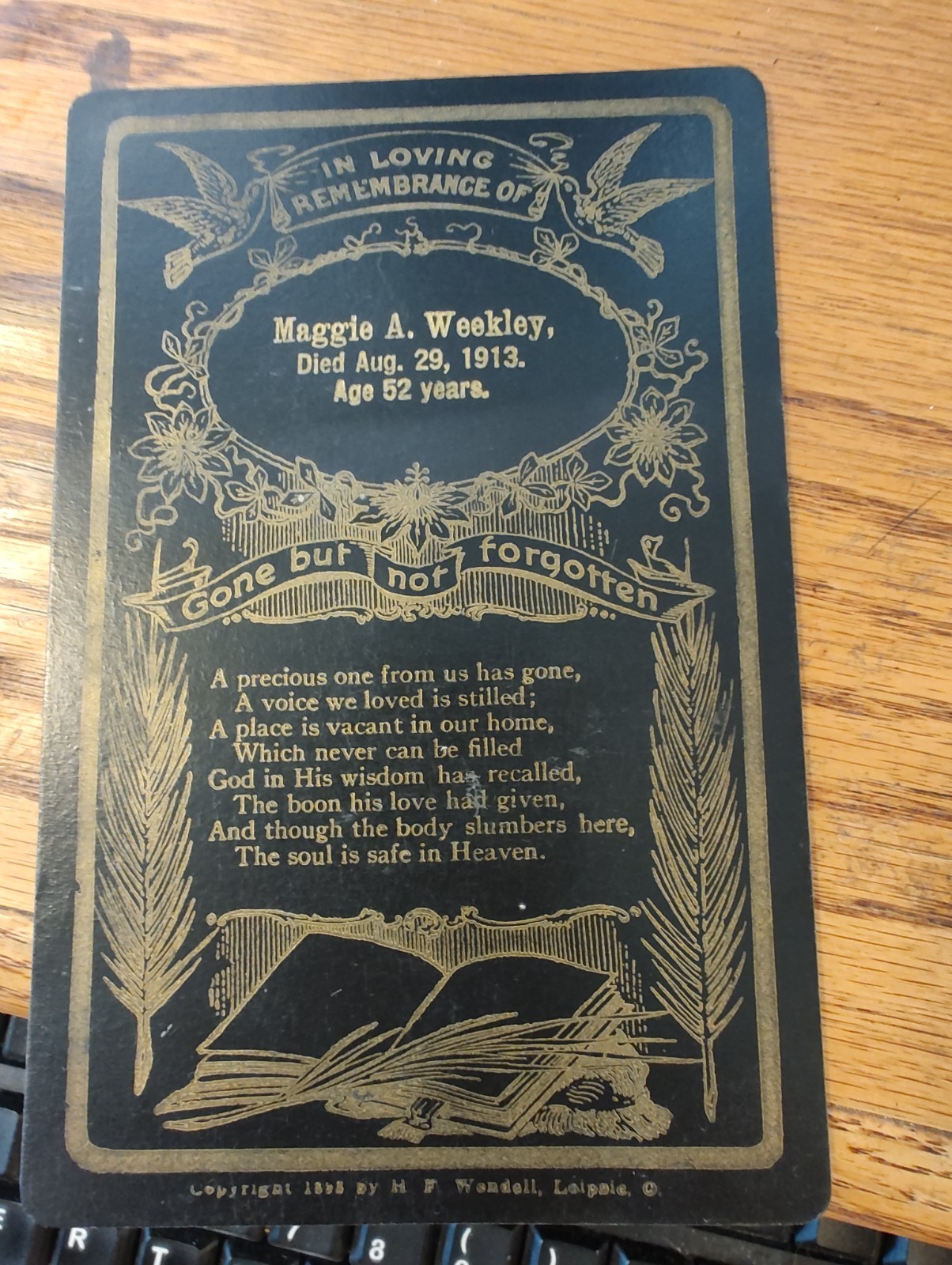 Antique Memorial Cabinet Card Funeral Death Notice 1913