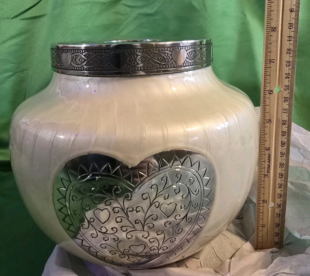 hlc Urn Pearlescent White Silver Heart Candle Cremation Memorial Funeral, NIB