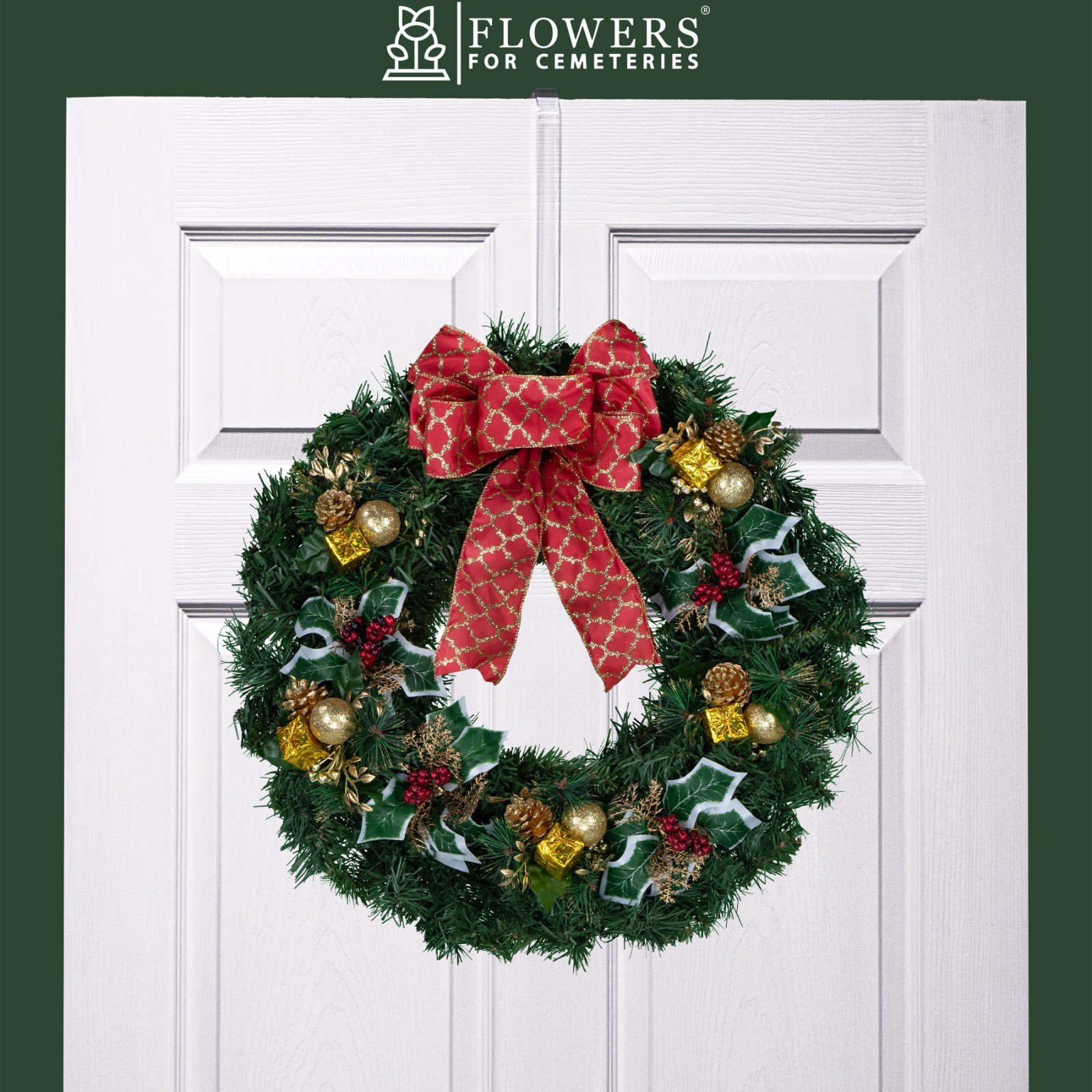 Artificial Wreath – Gold Packages and Holly with Red Glitter Bow and Door Hanger
