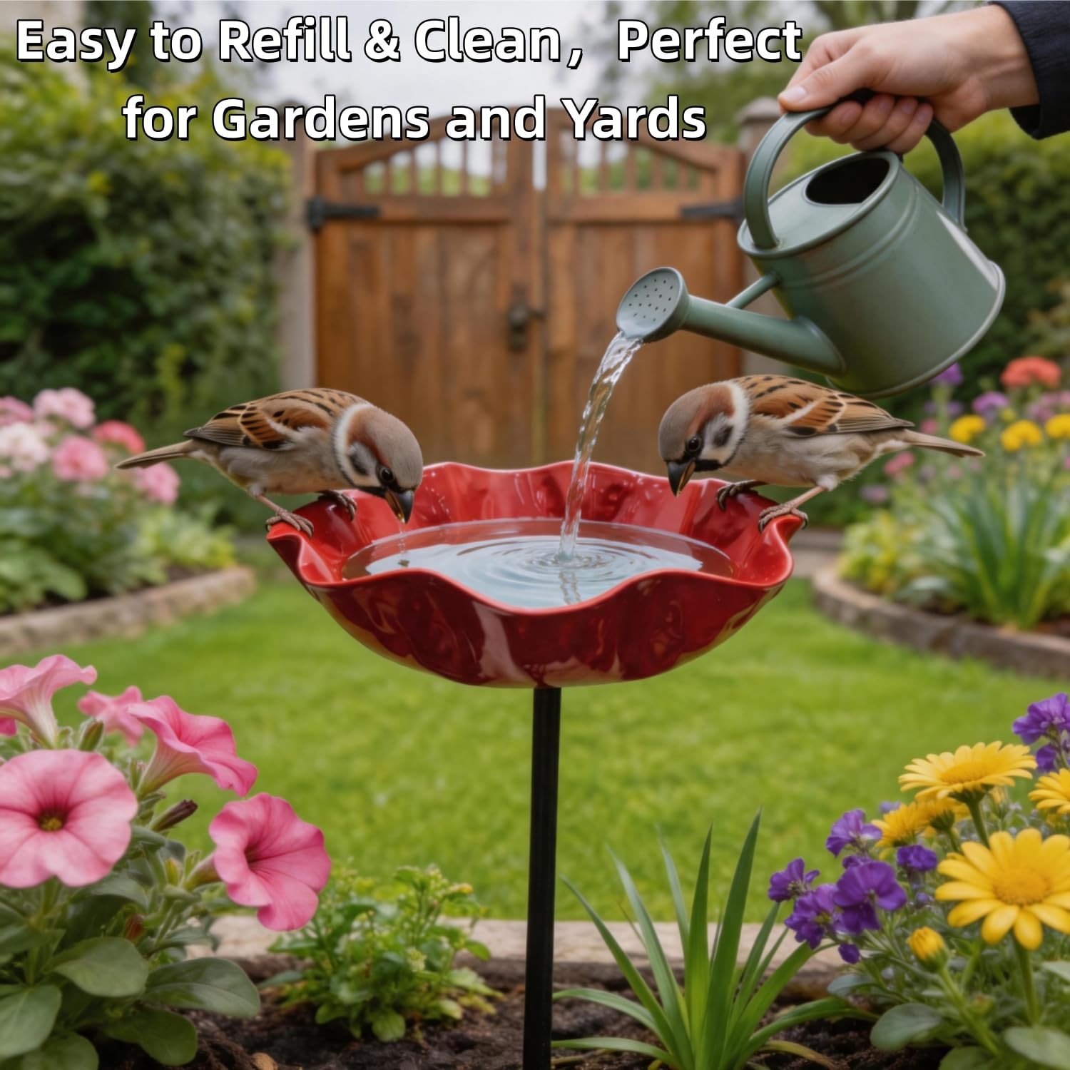 Metal Flower Garden Stakes with Bird Bath & Bee Watering Station – Colorful B…