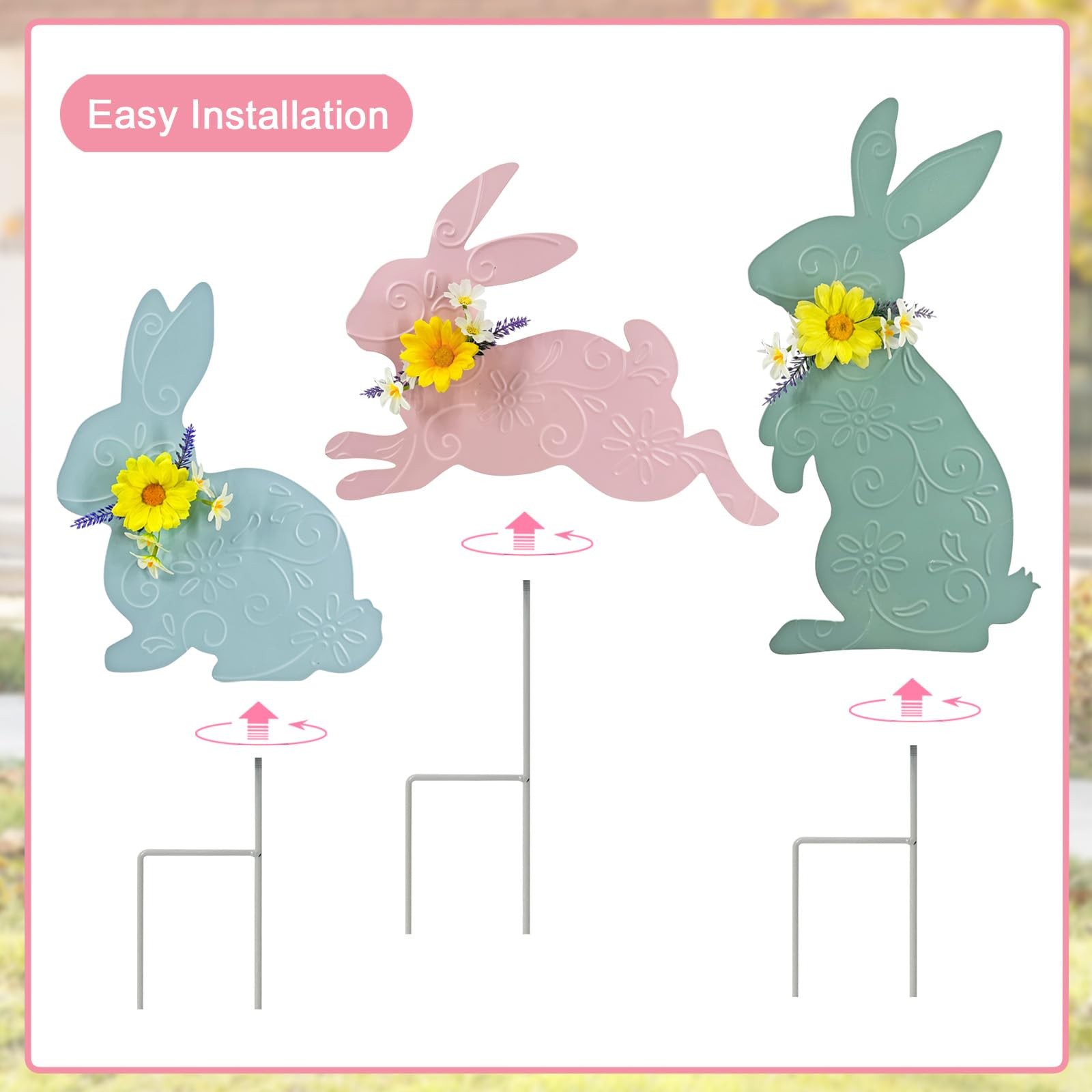 Easter Decorations Outdoor,3 Pack Metal Bunny Yard Sign Stakes for Outside,Pa…