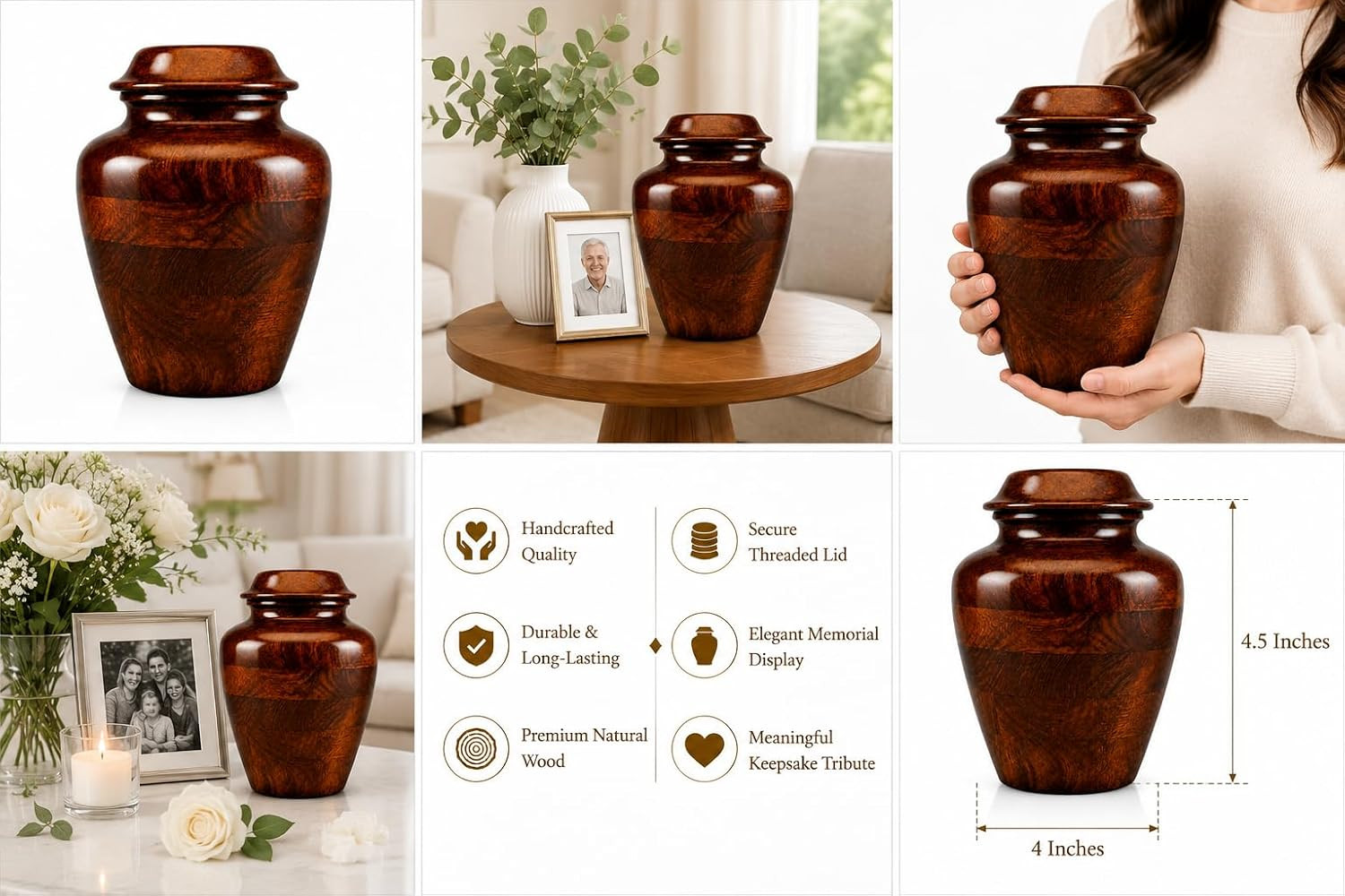 Wooden Keepsake Urn for Human Ashes – Handcrafted Memorial Cremation Urn, Small
