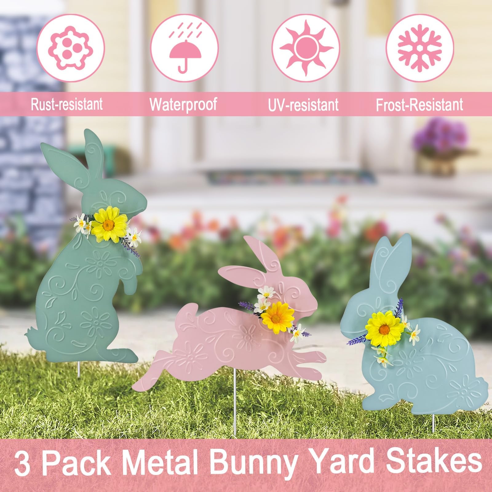 Easter Decorations Outdoor,3 Pack Metal Bunny Yard Sign Stakes for Outside,Pa…
