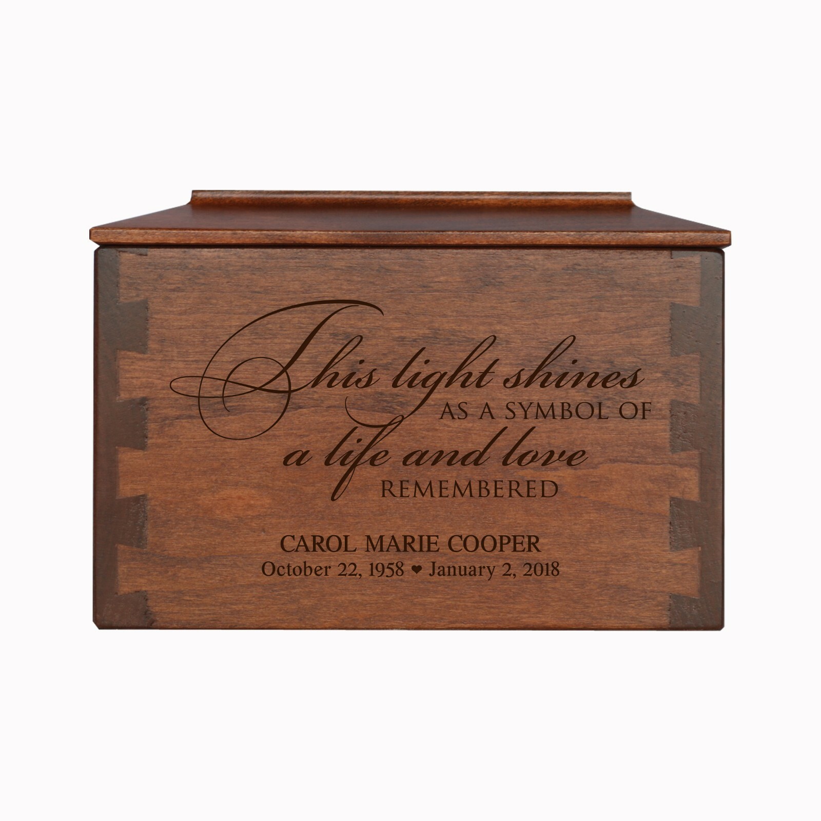 Custom Engraved Dovetail Cremation Urn Box for Human Ashes 7.75″ Life and Love