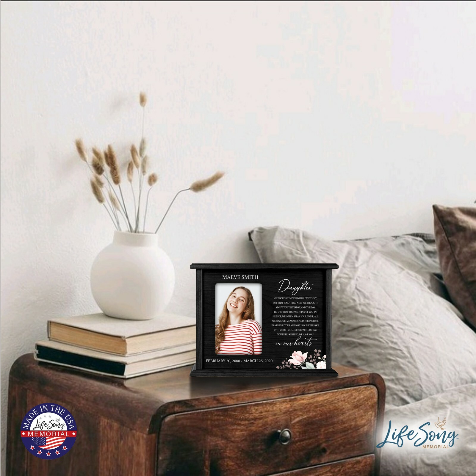 Custom Cremation Urn Box Holds 200 cu in w/ 4×6 Photo – We Thought of (Daughter)