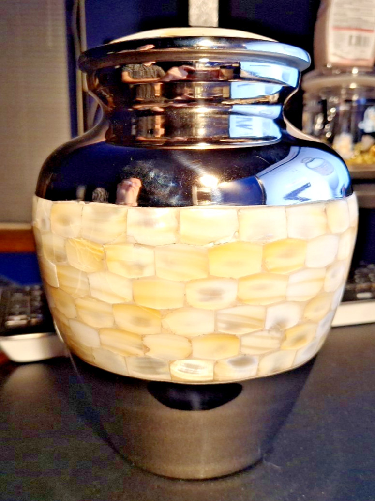 Silver Plated Brass Urn Vase Mother of Pearl Inlay 9″ Decorative As-Is damaged