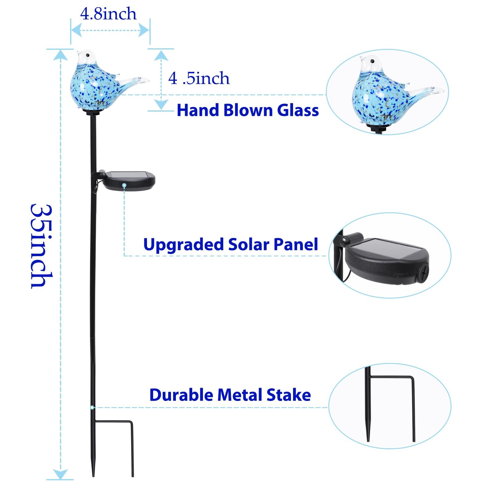 MUMTOP Solar Garden Lights Outdoor Blue Bird Hand-Blown Glass Solar Stake Lig…
