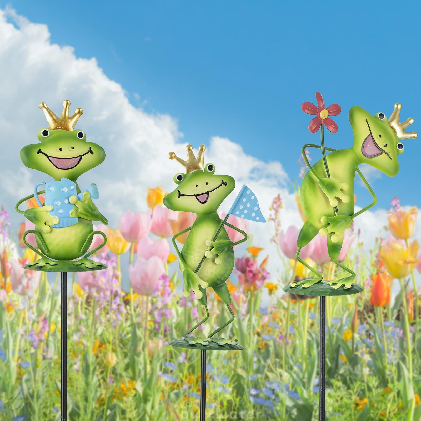 3 Pack Metal Garden Stakes, 21″ Frog Garden Stakes for Spring Decor, Metal Ya…