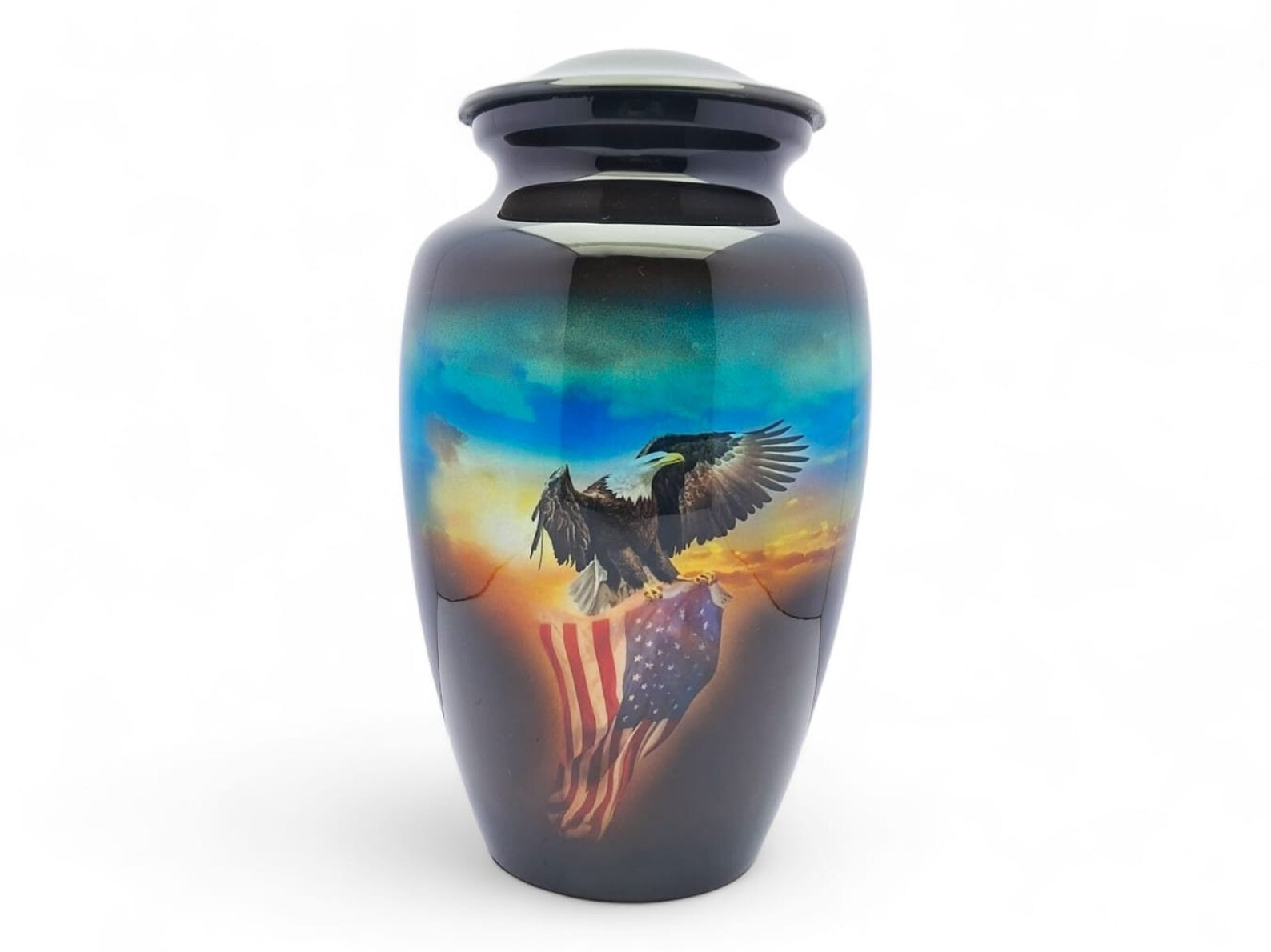Black USA Flag & Eagle Adult Cremation Urn Handcrafted Metal Patriotic Memorable
