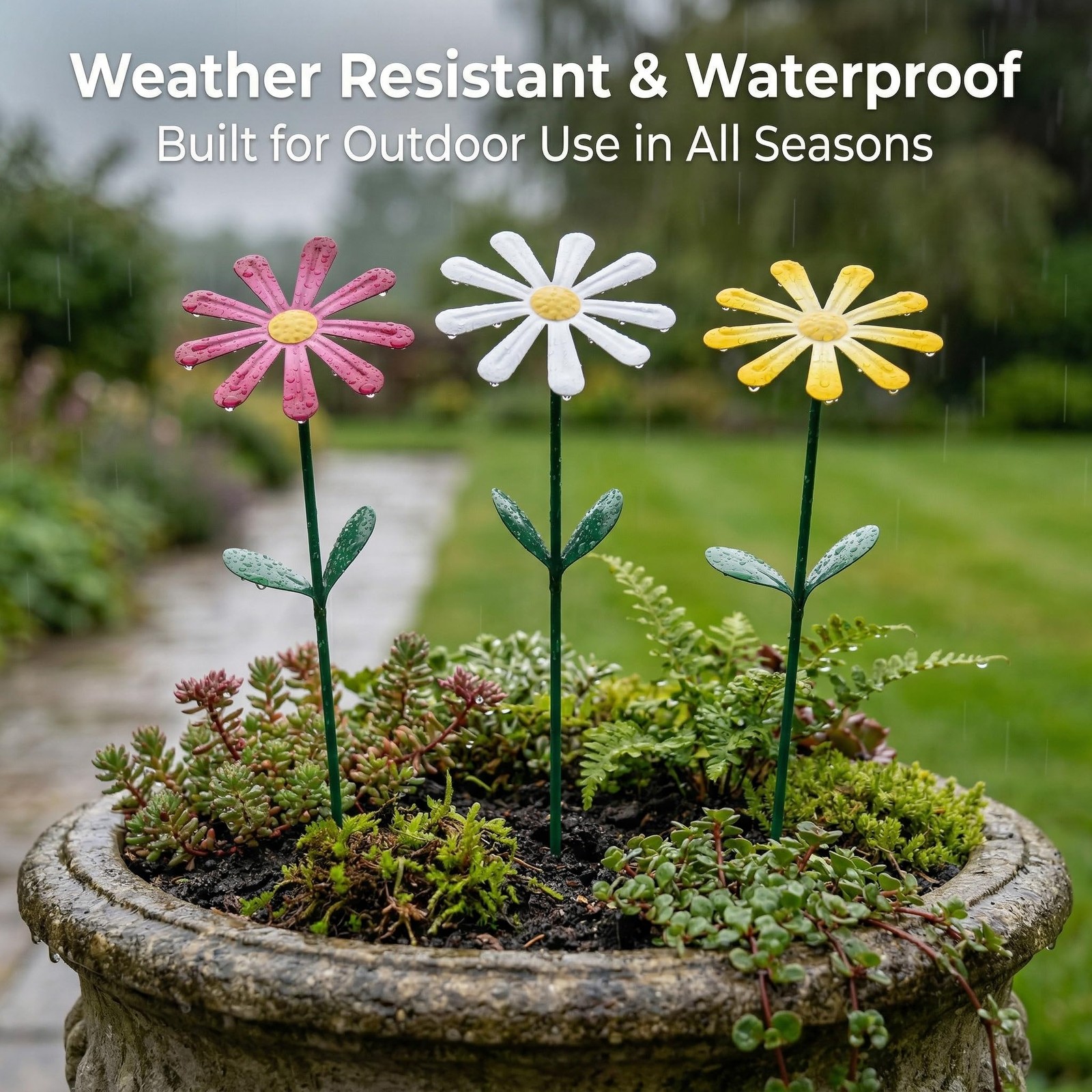 Garden Stake Decor Waterproof Metal Sunflower Daisy for Lawn & Patio, Set of 3