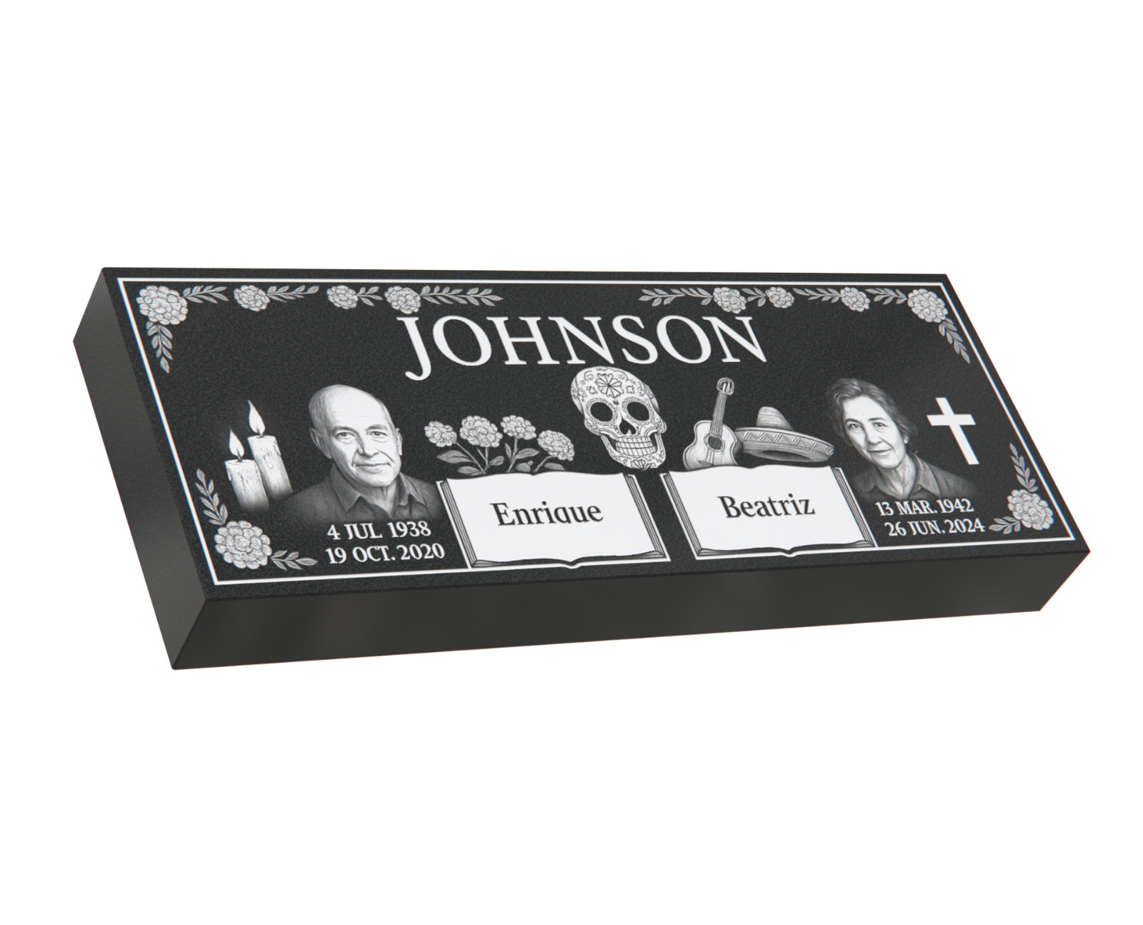 Custom Black Granite Headstone 36x14x4 – Día de los Muertos Companion