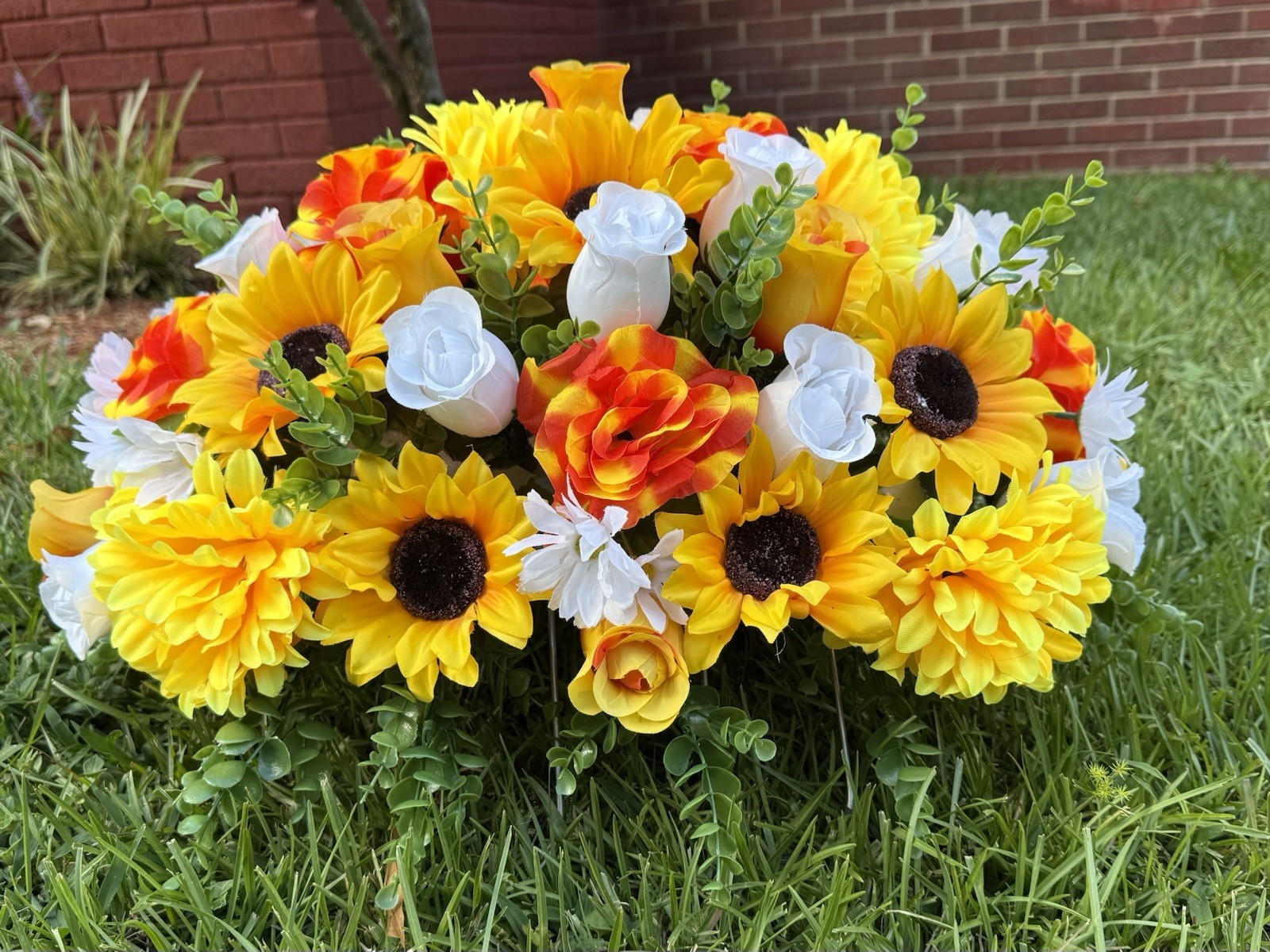 Cemetery Memorial Headstone Saddle Silk Flower Arrangement Redish Yellow