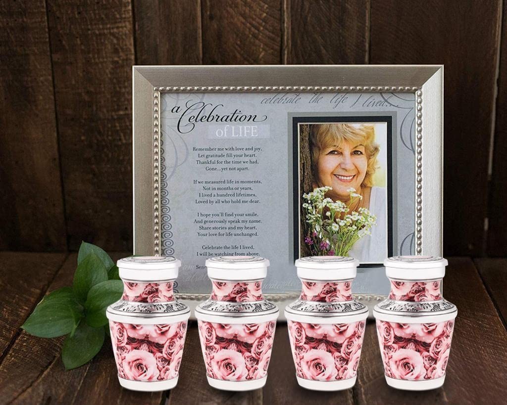 Pink Rose Keepsake Urn, Handcrafted Aluminium, Set of 4 Mini Urns – Honor Your