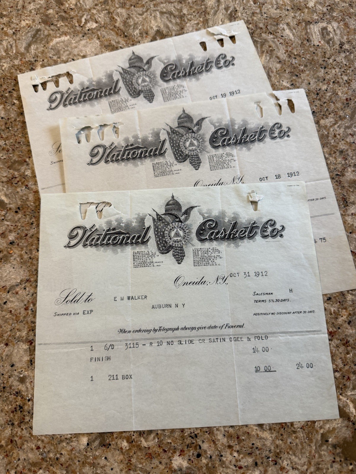 Vintage FUNERARY Billheads National CASKET Co. Ephemera 1912 Funeral Coffin LOT