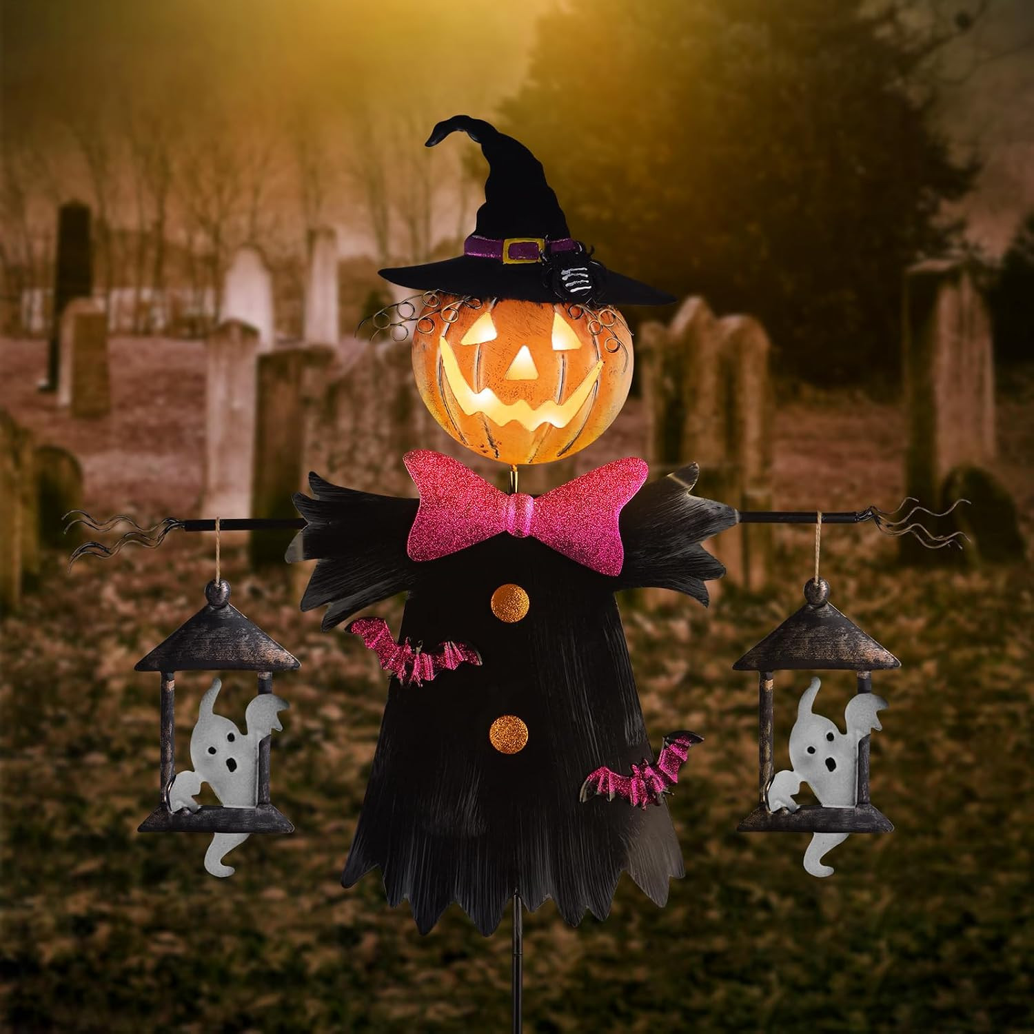 Metal Scarecrow Shape Jack O’ Lantern, Iron Solar Halloween Yard Decorations Out