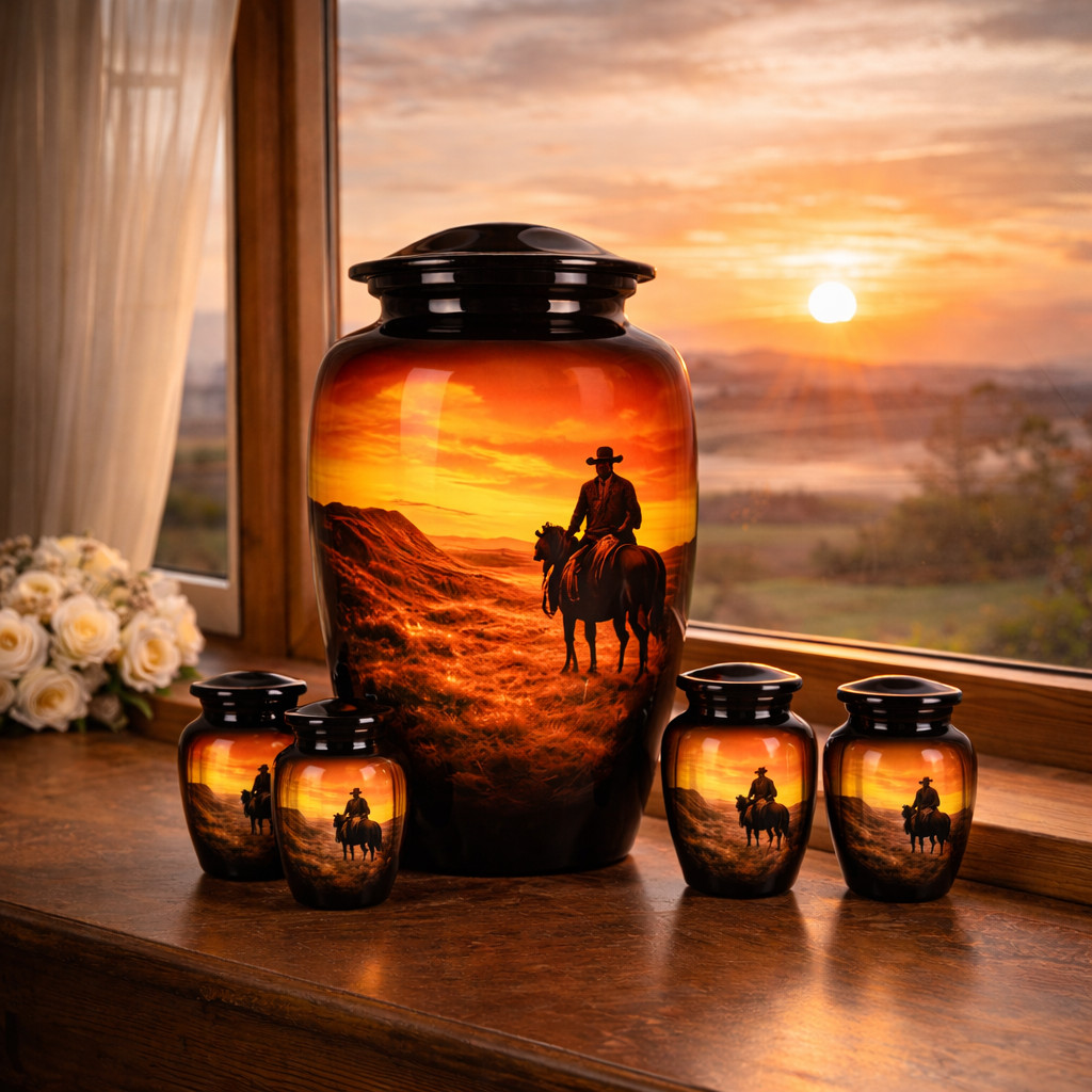 Western Cowboy Sunset Cremation Urn, Desert Landscape Memorial, Aluminum Metal