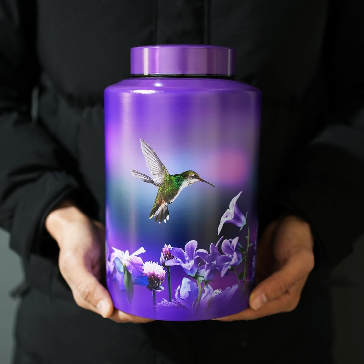 Purple Metal Cremation Urn for Adult Human Ashes Large 220 lbs Hummingbird