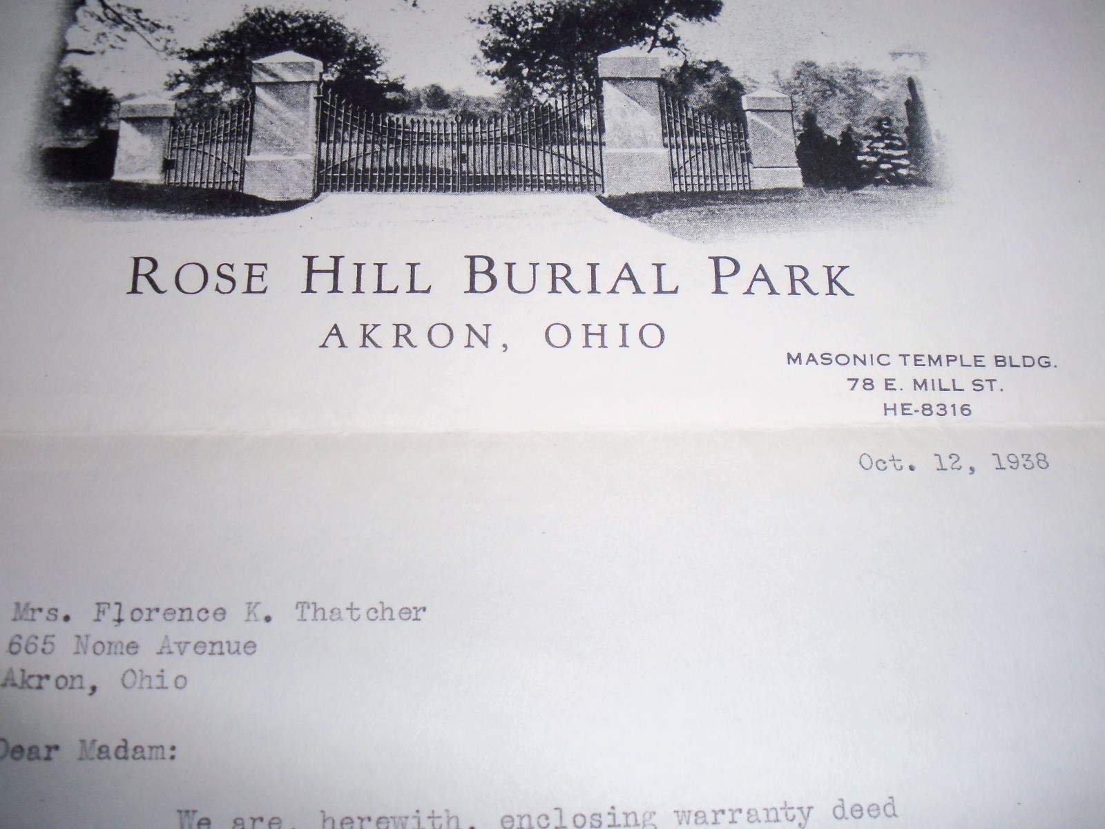 2 CEMETARY PLOTS – ROSE HILL BURIAL PARK – AKRON, OHIO – MASONIC SECTION