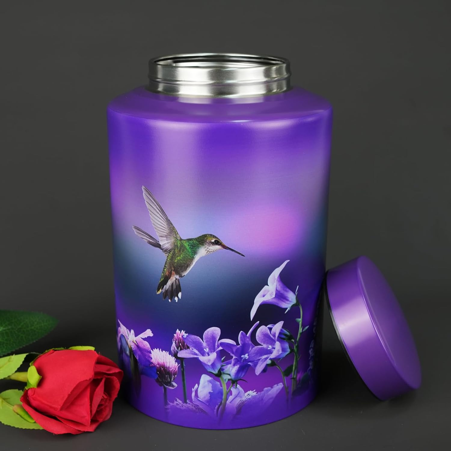 Purple Metal Cremation Urn for Adult Human Ashes Large 220 lbs Hummingbird