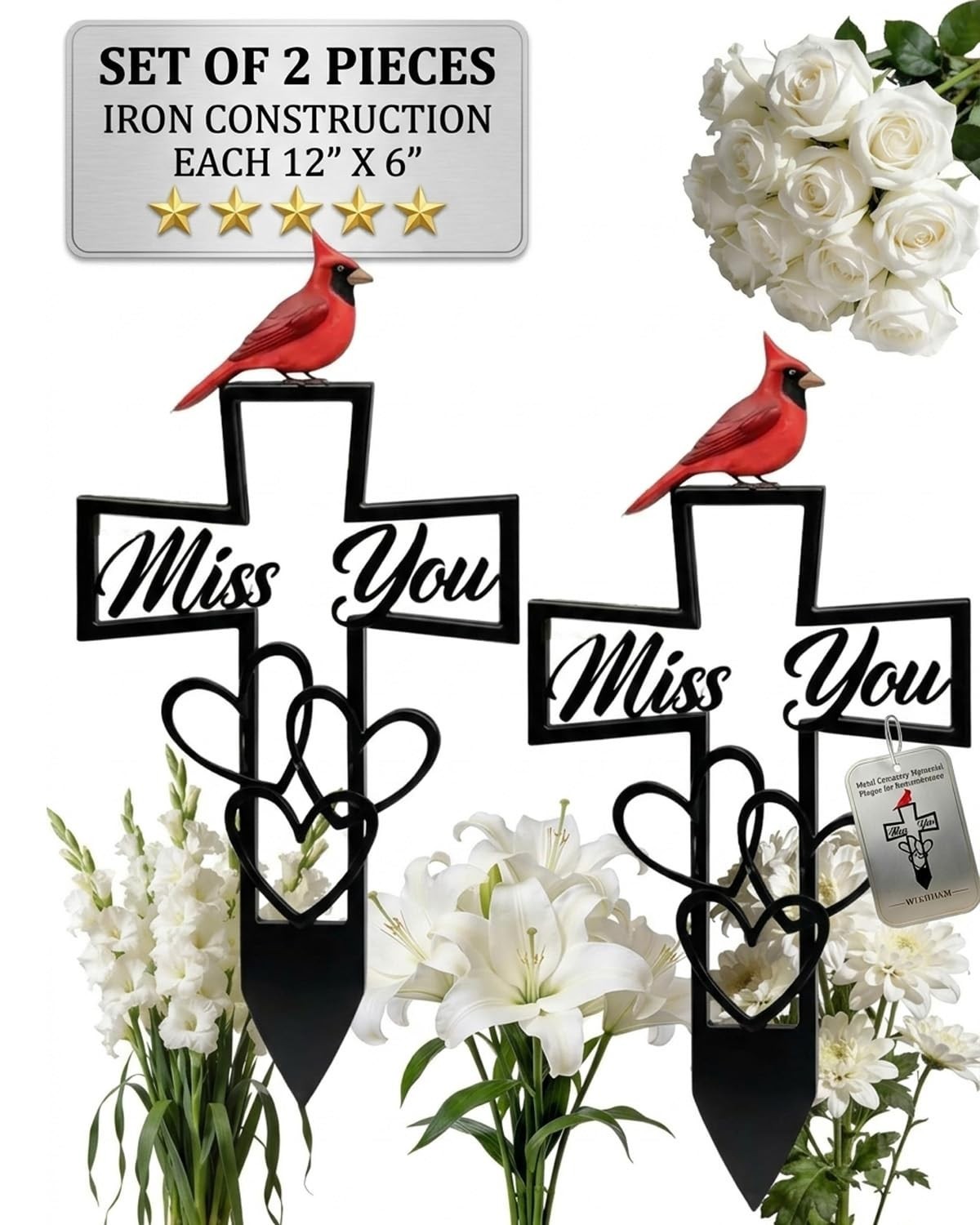 2PCS Metal Cemetery Memorial Plaque – Remembrance Cross & Cardinal Grave Markers