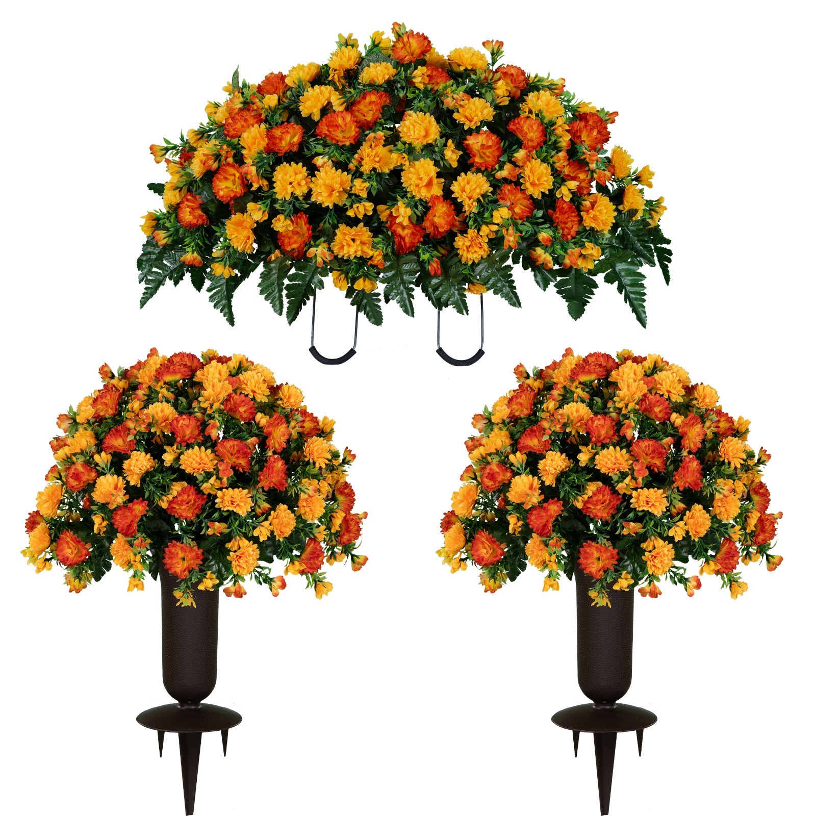 Artificial Cemetery Flowers – Sunset Orange Garden Mums Saddle Bouquets & Vases