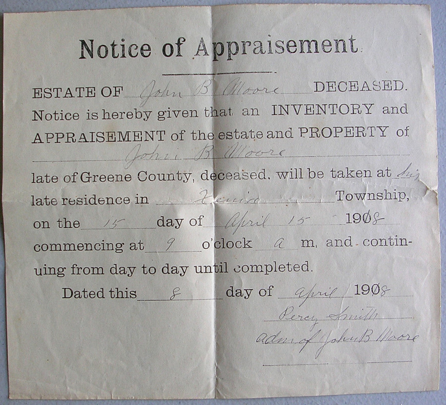 Vintage 1908 NOTICE OF APPRAISEMENT of Deceased from Greene County Xenia Ohio