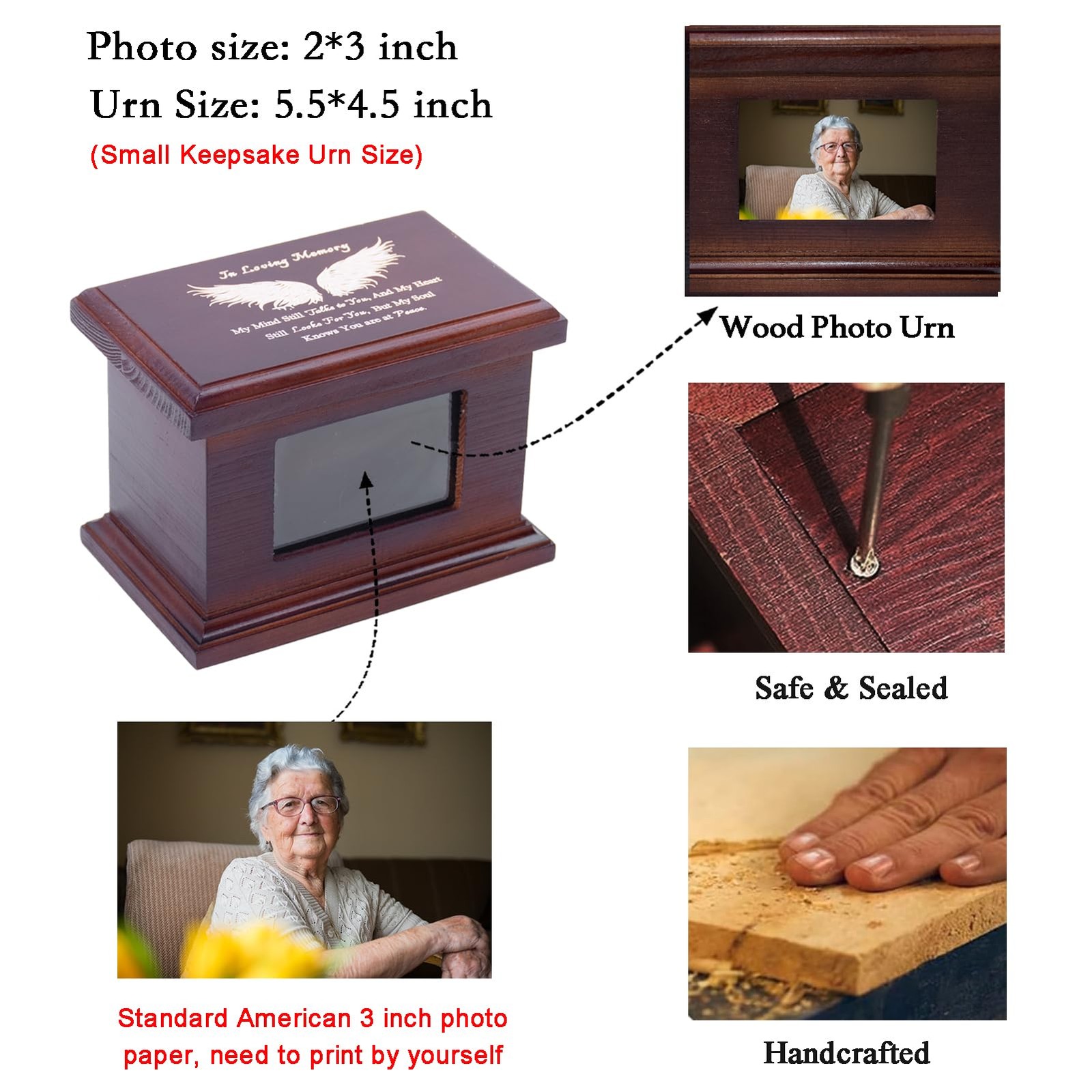 Wooden Memorial Urn 5.5 Inch with 2×3 Photo Frame – Keepsake for Human Ashes