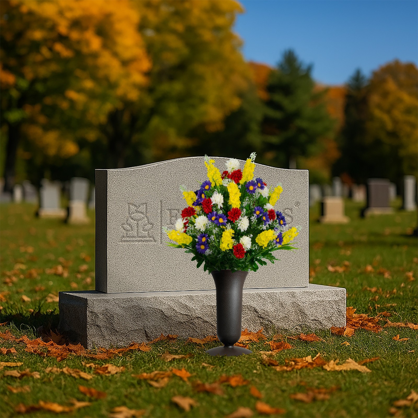 Artificial Cemetery Flowers – Yellow Red Wildflowers with Cemetery Vase Included
