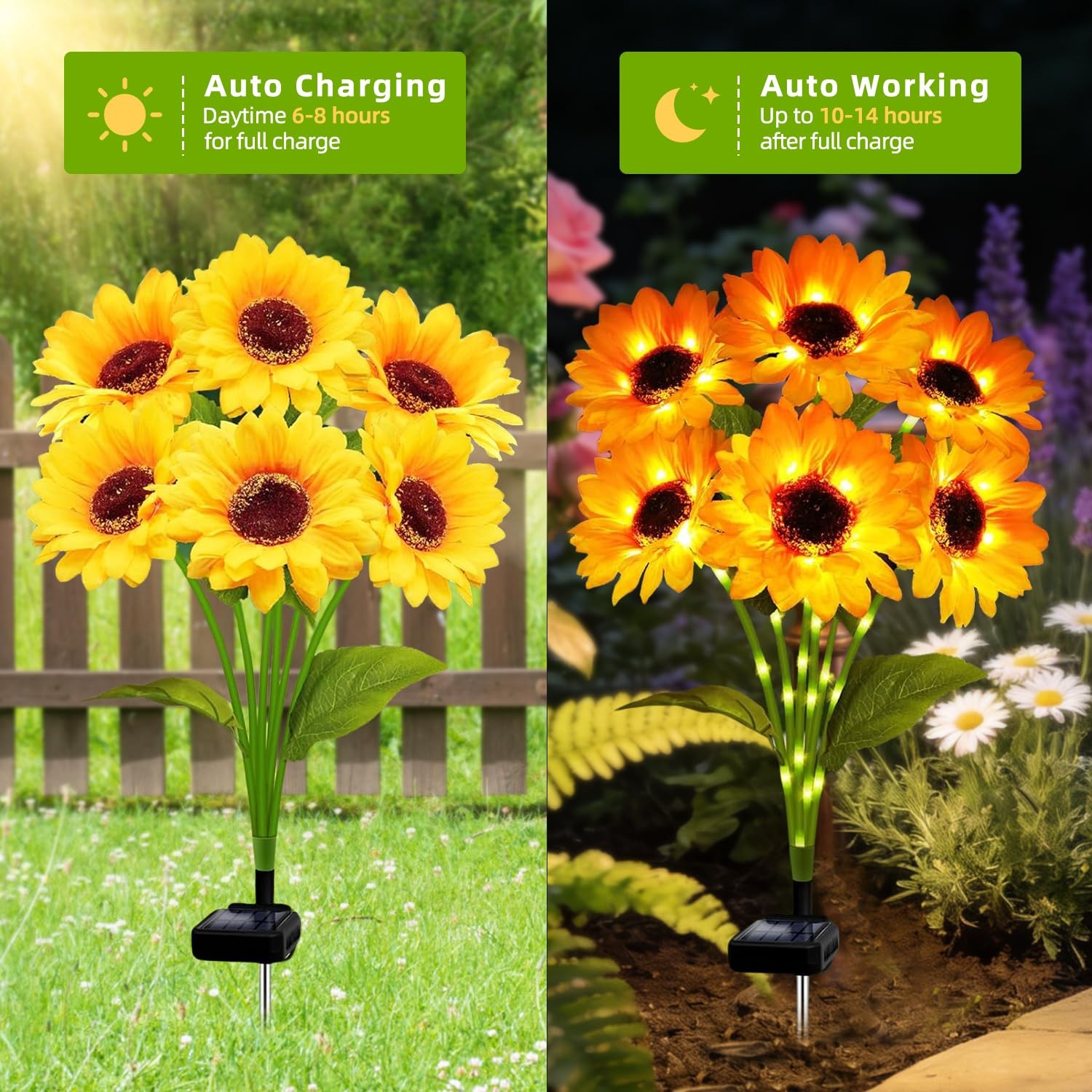 Solar Sunflower Lights Outdoor Waterproof Garden Yard Decor, 2 Pack with 12 S…